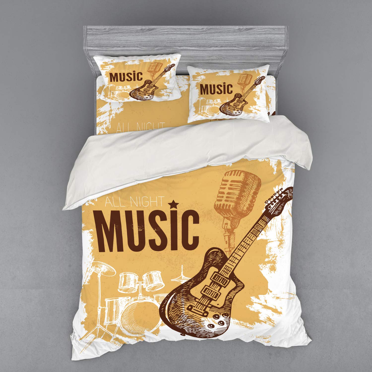 Ambesonne Vintage Rock Music Bedding Set - Hand Drawn Drums & Microphone Duvet Cover, 4 Piece Queen Size Set with Shams & Fitted Sheet in Pale Coffee Brown | Perfect for Music Lovers' Bedroom Decor & Rock Theme Parties