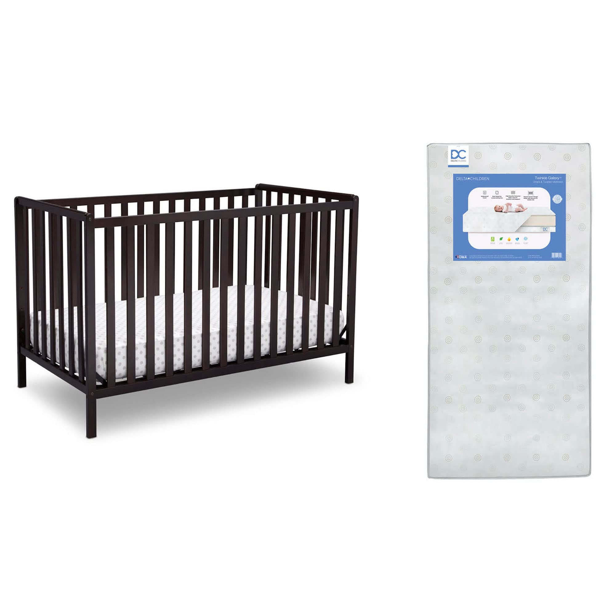 Delta Children Heartland 4-in-1 Convertible Crib with Twinkle Galaxy Dual-Sided Mattress - Dark Chocolate Finish | Nursery Bedroom Furniture for Babies & Toddlers | Safe Sleep Solution for Newborn to Big Kid Transition