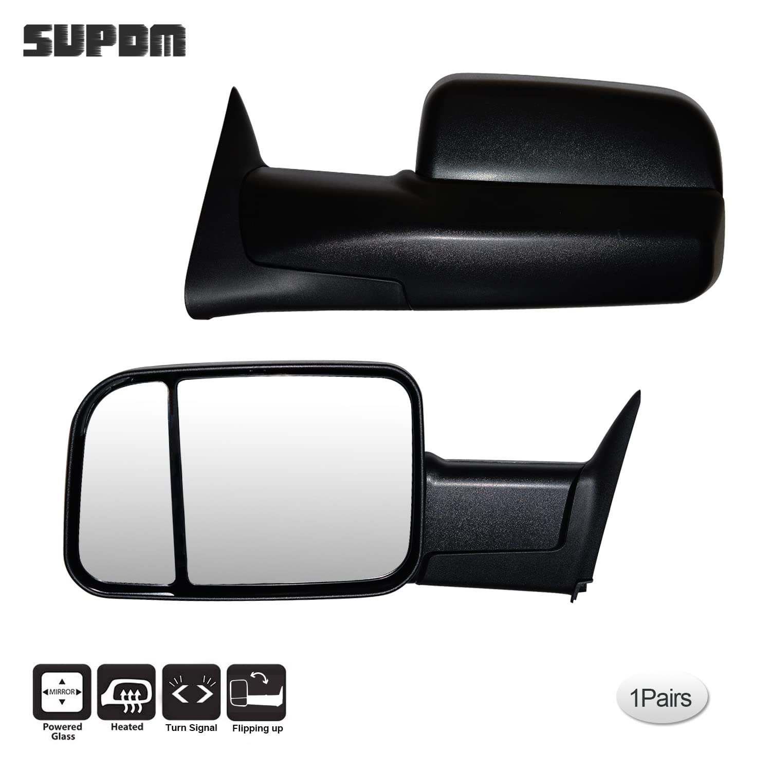 Black Manual Adjustable Towing Mirrors Set for 1994-2001 Dodge Ram 1500 & 1994-2002 Ram 2500/3500 Trucks - Left & Right Side Mirrors - Perfect for Enhanced Visibility While Towing Trailers or Campers
