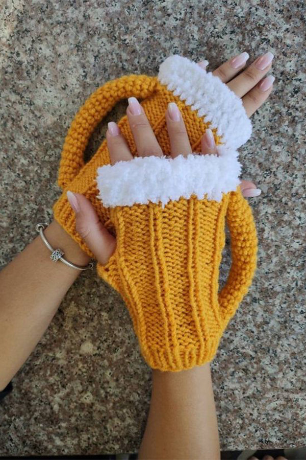 3D Beer Mug Knitted Half Finger Gloves - Warm & Stylish Winter Accessories for Outdoor Sports, Hiking, and Cold Weather Activities