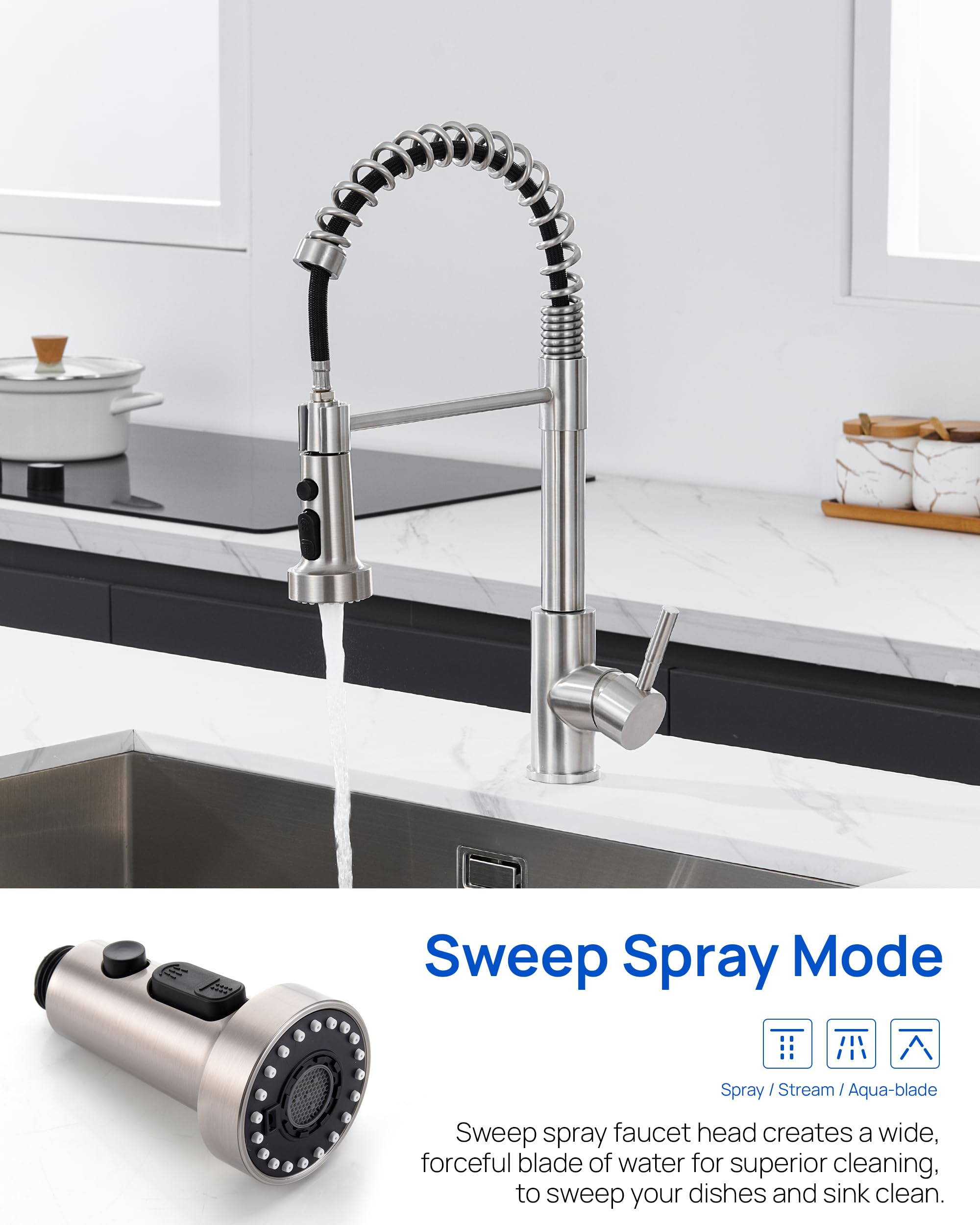 J-HVA 3 Function Pull Down Kitchen Faucet Sprayer Head Replacement with 15 Adapters - Brushed Nickel Pull Out Sink Spray Nozzle for Easy Dishwashing, Vegetable Cleaning & Sink Rinsing