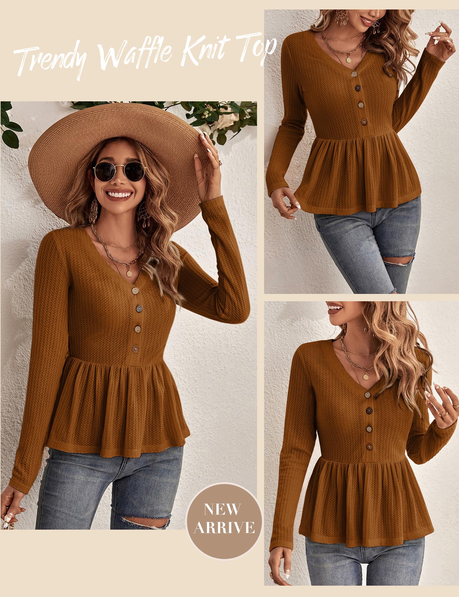Women's Casual Peplum Top V-Neck Long Sleeve Waffle Knit Ruffle Hem Tunic Shirt for Fall Winter 2023 | Stylish Blouse for Office, Date Night & Everyday Wear