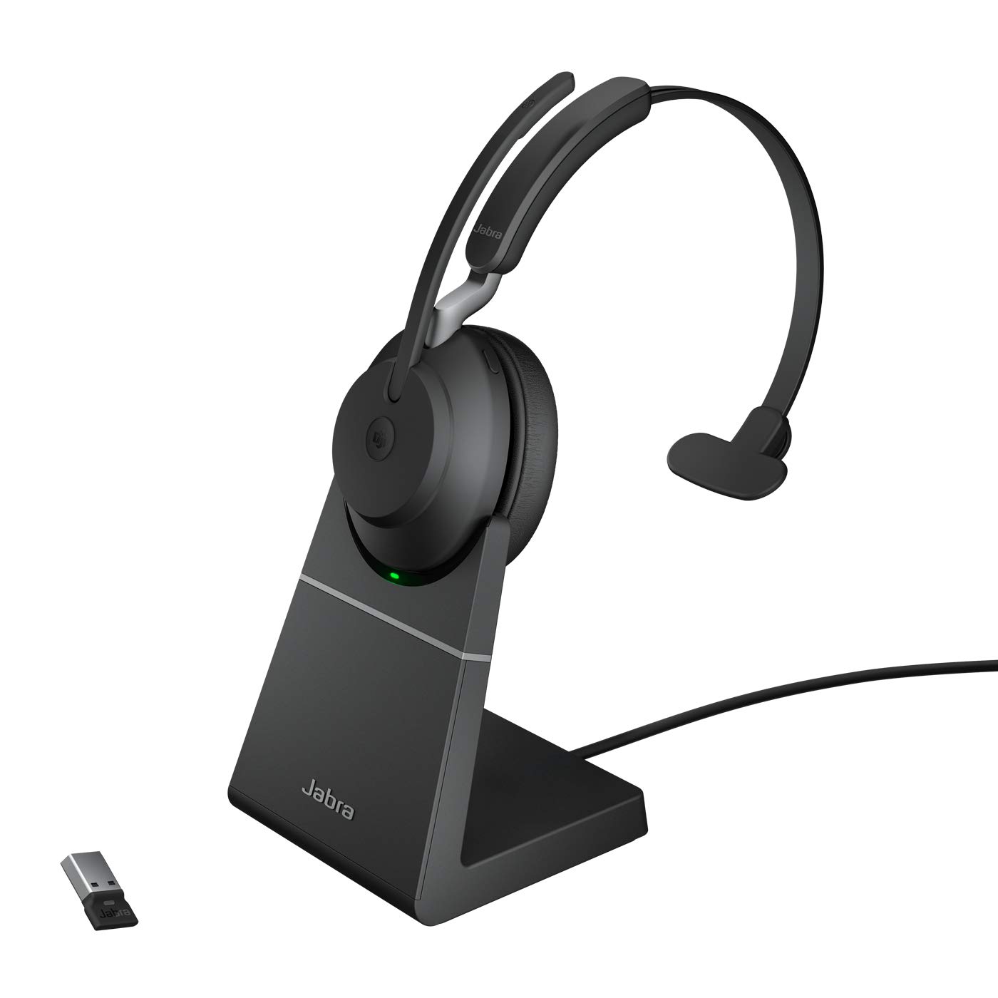Jabra Evolve2 65 Wireless PC Headset with Charging Stand – Noise Cancelling Microsoft Teams Certified Mono Headphones – Long-Lasting Battery & USB-A Bluetooth Adapter – Black – Perfect for Remote Work, Office Calls, and Online Meetings