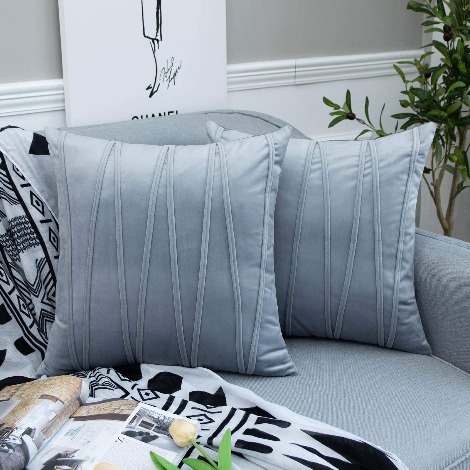 Luxury Velvet Striped Throw Pillow Covers Set of 2 - 20x20 Inches Sofa Couch Bed Decorative Pillowcases in Silver Gray for Living Room, Bedroom & Home Decor