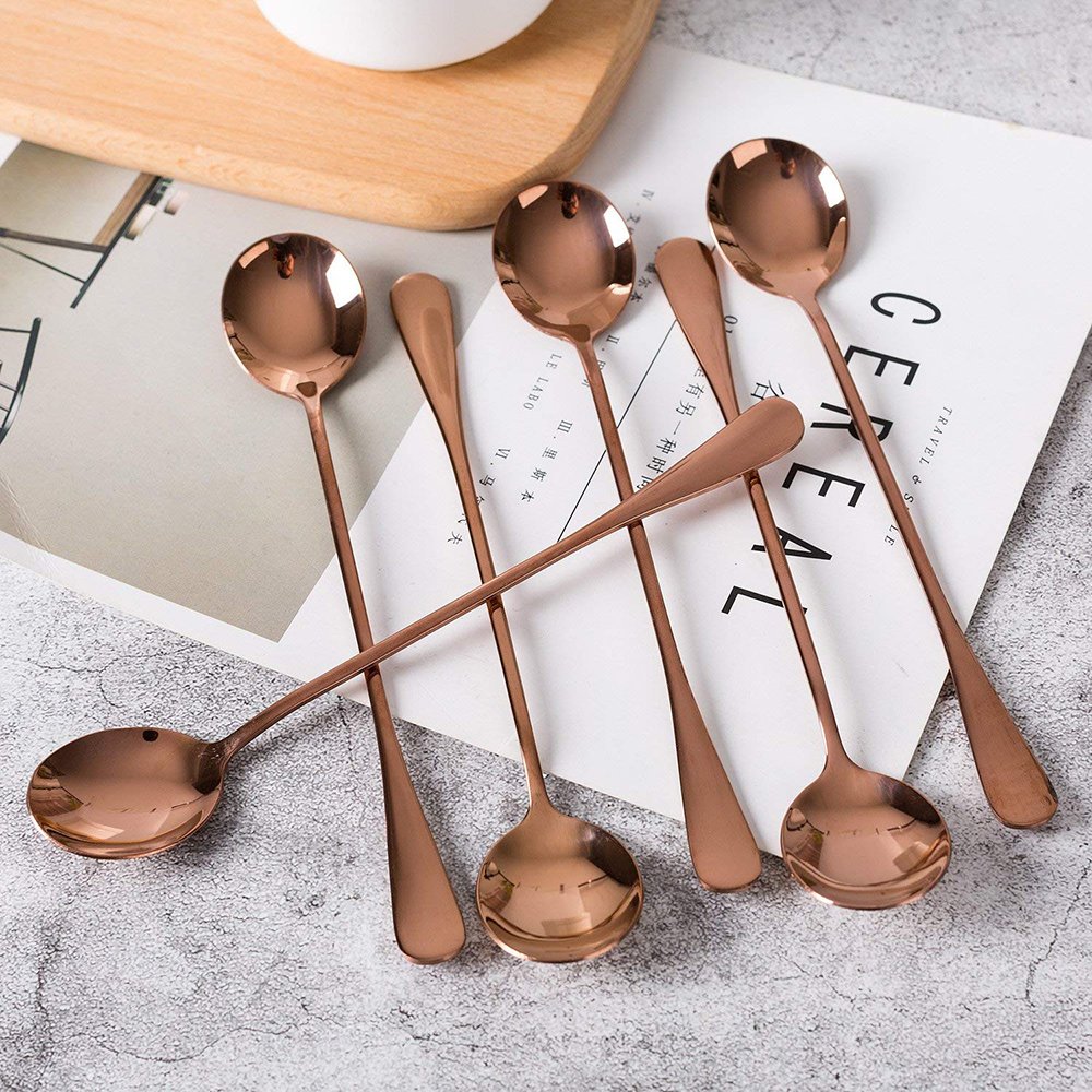 Premium 7.7-inch Long Handle Stainless Steel Mixing Spoon - Rose Gold Cocktail Stirring Spoon for Tea, Coffee, Iced Drinks & Baking (Set of 6) - Perfect for Bartending, Home Bars & Coffee Shops