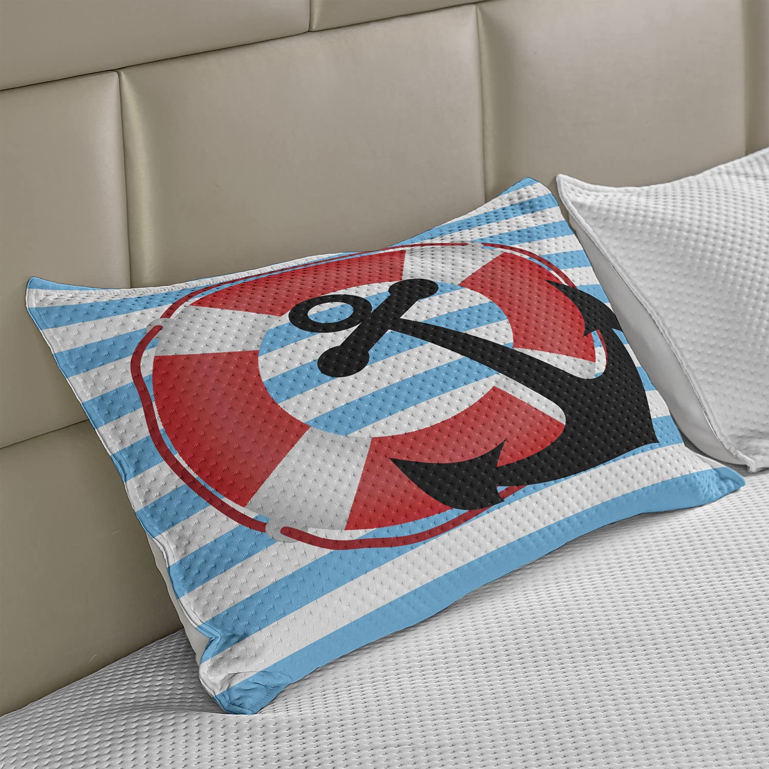 Ambesonne Anchor Knitted Quilt Pillow Cover - Blue Striped Nautical Design with Life & Anchor Motif - Standard King Size 36