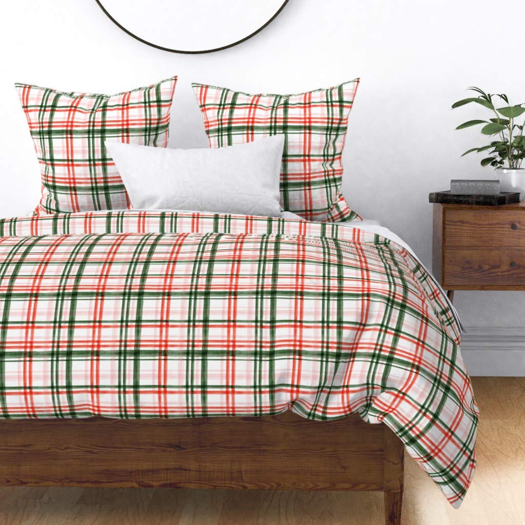 Christmas Watercolor Plaid Pink Green Red Cotton Sateen Duvet Cover Full/Queen - Custom Holiday Bedding for Baby Girl's Room, Rustic Tartan Trendy Print Home Decor