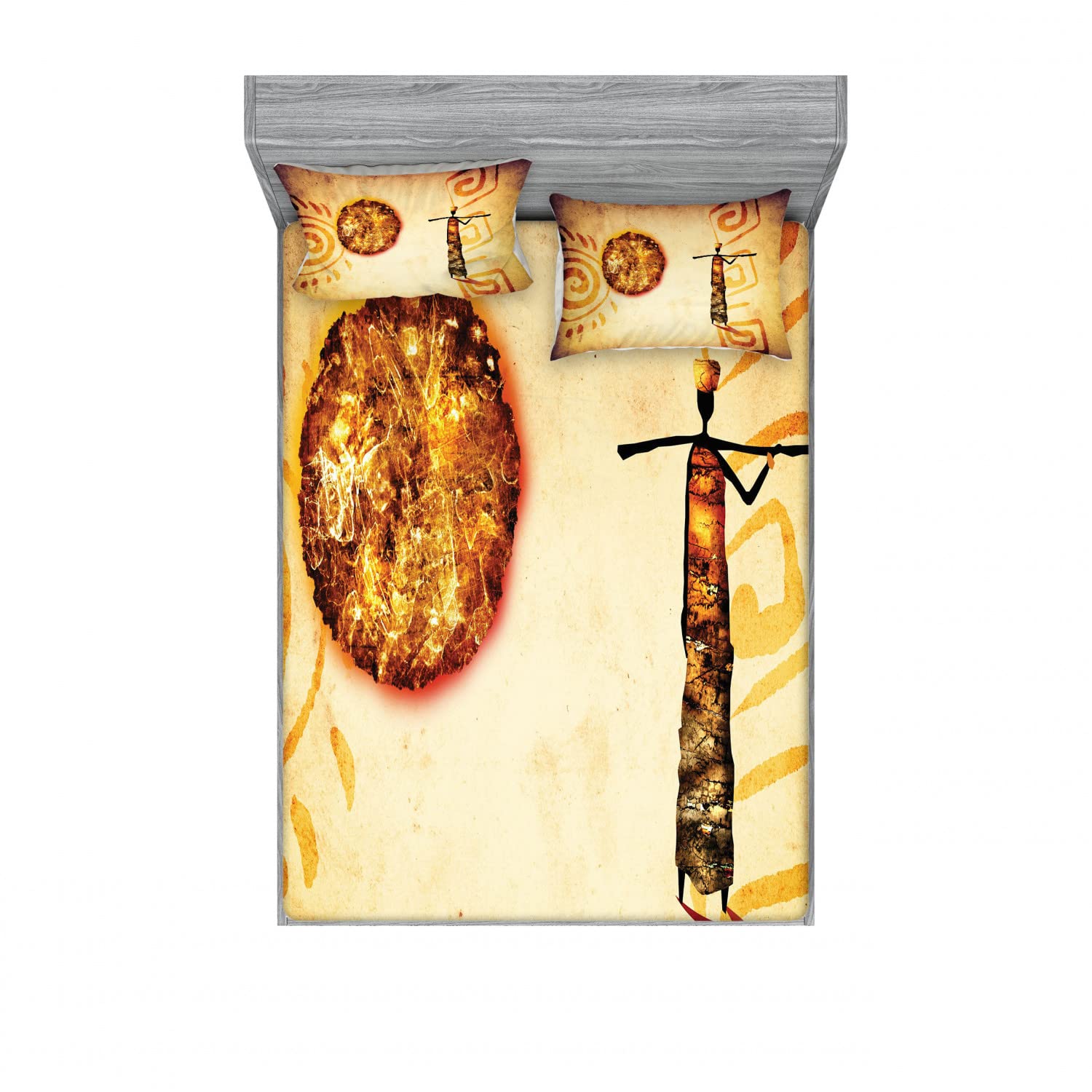 Ambesonne Vintage 2-Pack Queen Size Fitted Sheet & Pillow Sham Set - Brown Tribal Art Design, 4-Piece Bedding Collection (2 Fitted Sheets + 4 Pillow Covers) in Earthy Tan - Perfect for Boho Bedroom Decor, Guest Room Essentials & Cozy Home Styling