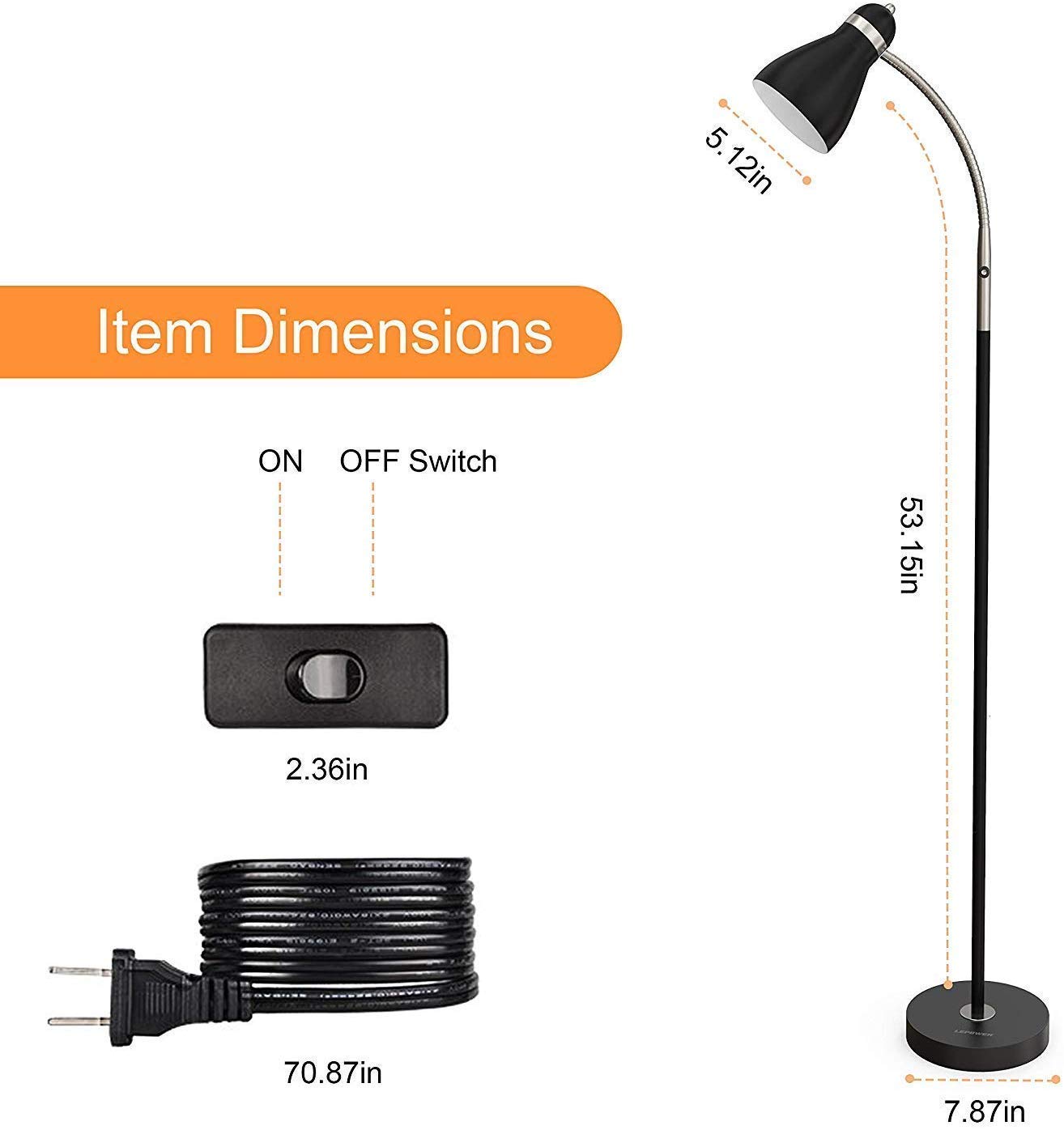 LEPOWER Adjustable Gooseneck Floor Lamp with Heavy Metal Base - Black Standing Reading Lamp for Office, Bedroom & Living Room - Perfect for Task Lighting, Reading Nook & Home Decor