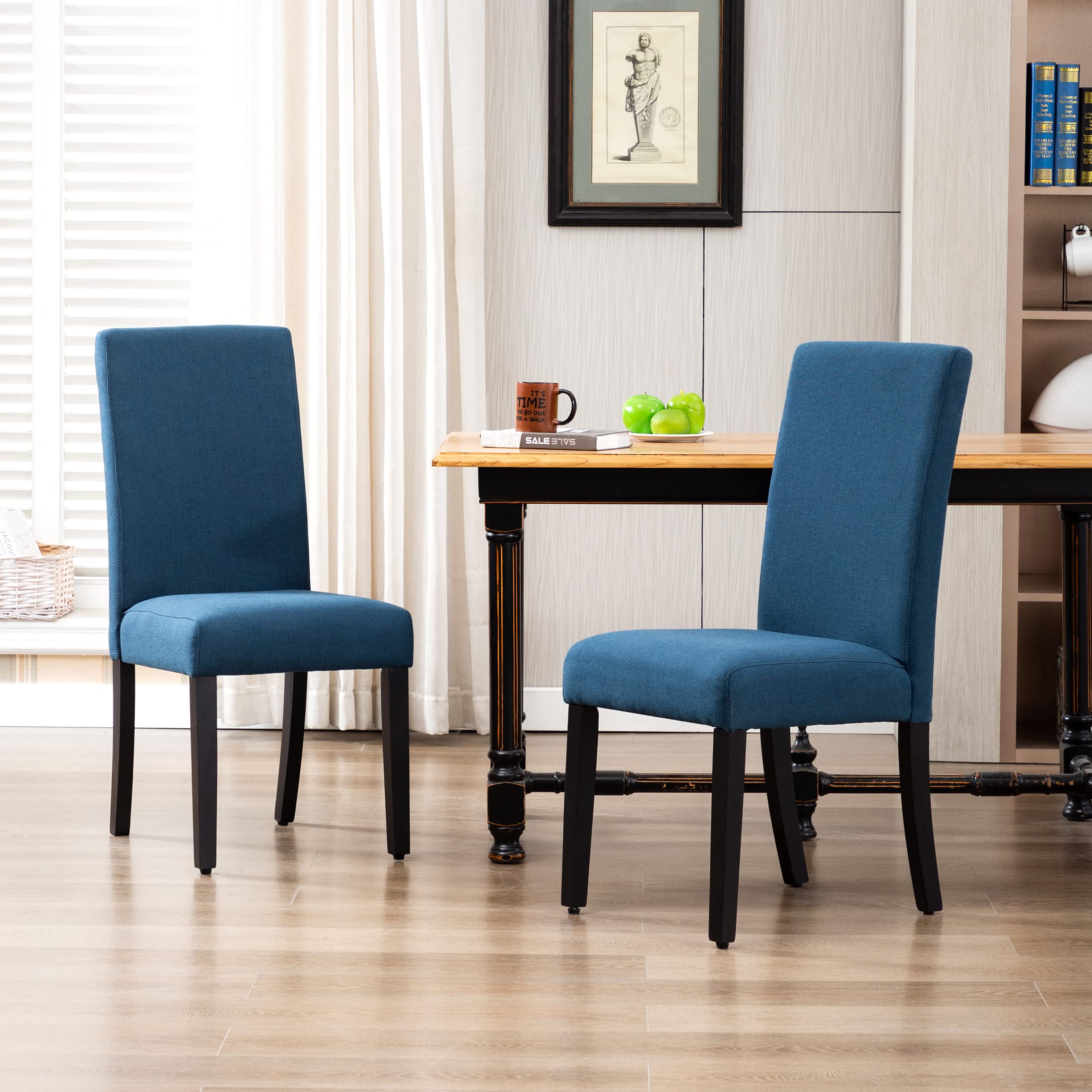 WestinTrends Linox Upholstered Dining Room Chairs Set of 2 - Modern Parsons Chairs with Linen Fabric & Solid Wood Legs in Blue - Perfect for Kitchen, Dining Table, and Home Office