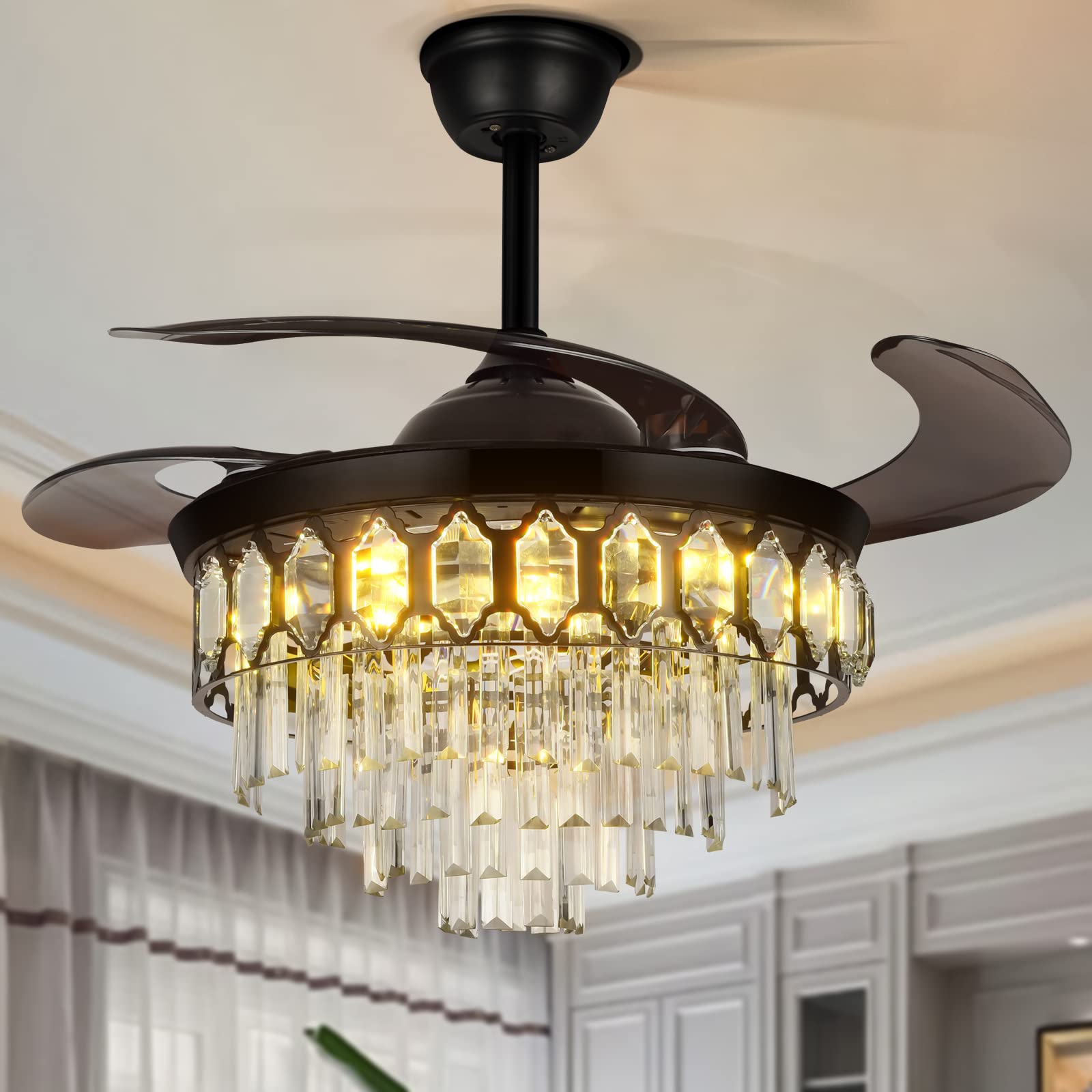 42 Inch Retractable Ceiling Fan with Remote Control - 3 Color LED Lights, 3 Speed Settings, Ultra Quiet Invisible Blades - Crystal Chandelier Design for Bedroom, Dining Room & Living Room Lighting