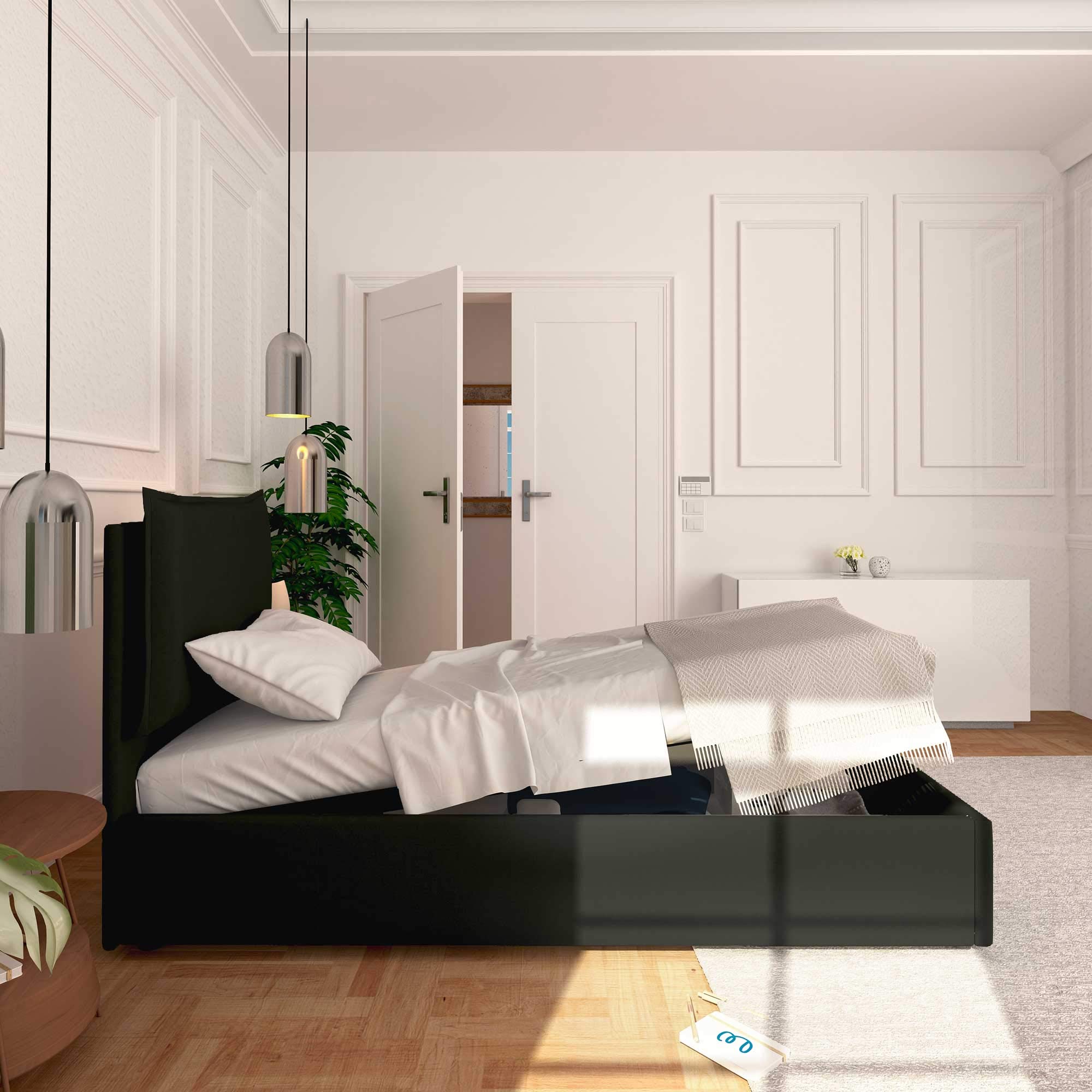 Baldiflex Single Bed Frame with Storage - Licia Model, Synthetic Leather Upholstery, Slatted Base for 90x200cm Mattress, Padded Headboard in Black - Perfect for Small Bedrooms, Guest Rooms & Dormitories