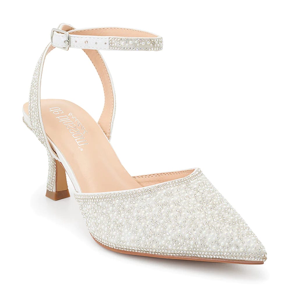 Elegant White Beaded Pearl Ankle Strap Heels for Women - Perfect for Weddings, Parties & Special Occasions