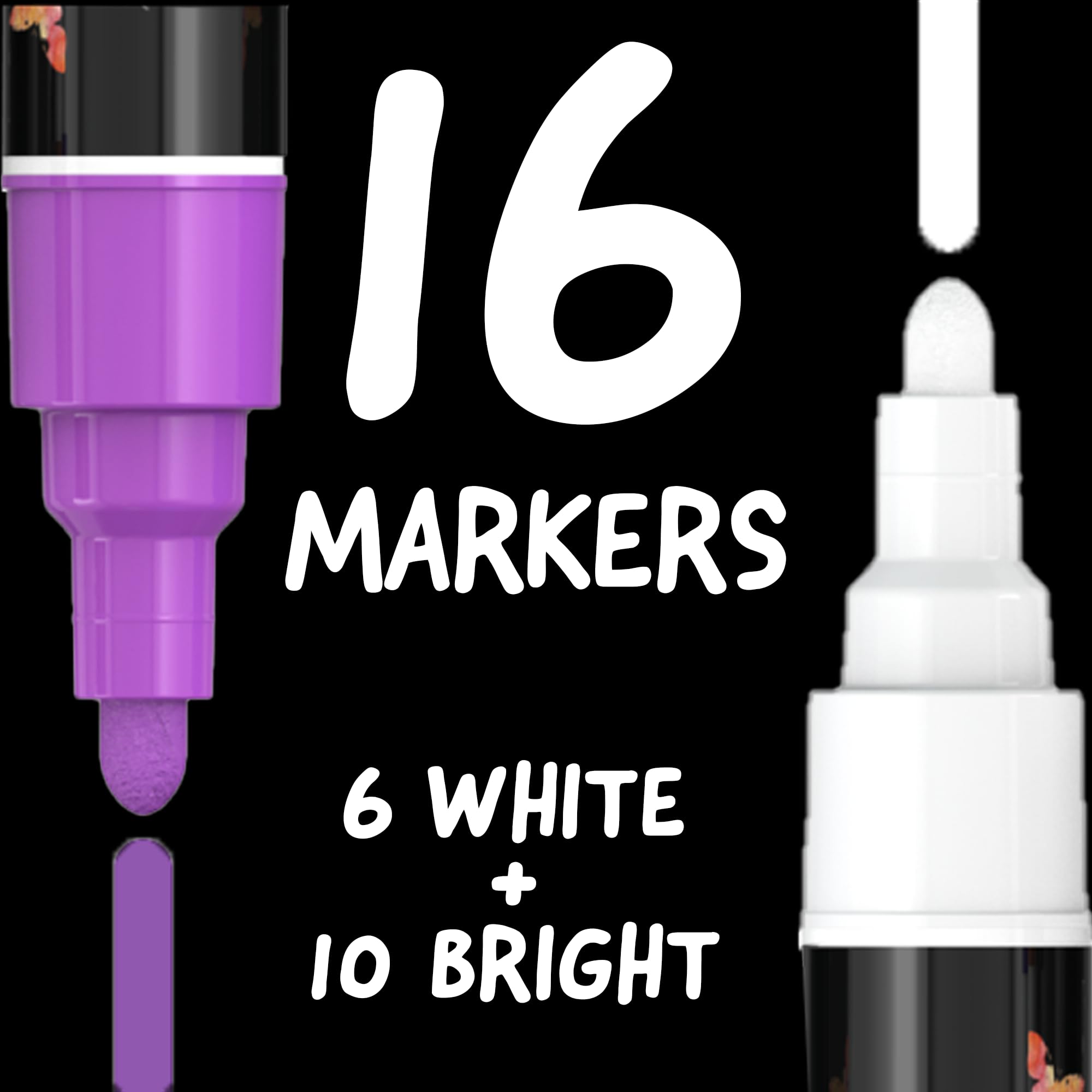 6 White + 10 Bold Colors Liquid Chalk Markers Set - Vibrant Non-Toxic Markers for Whiteboards, Glass, Windows & Chalkboards - Perfect for Restaurants, Classrooms, Offices & DIY Crafts