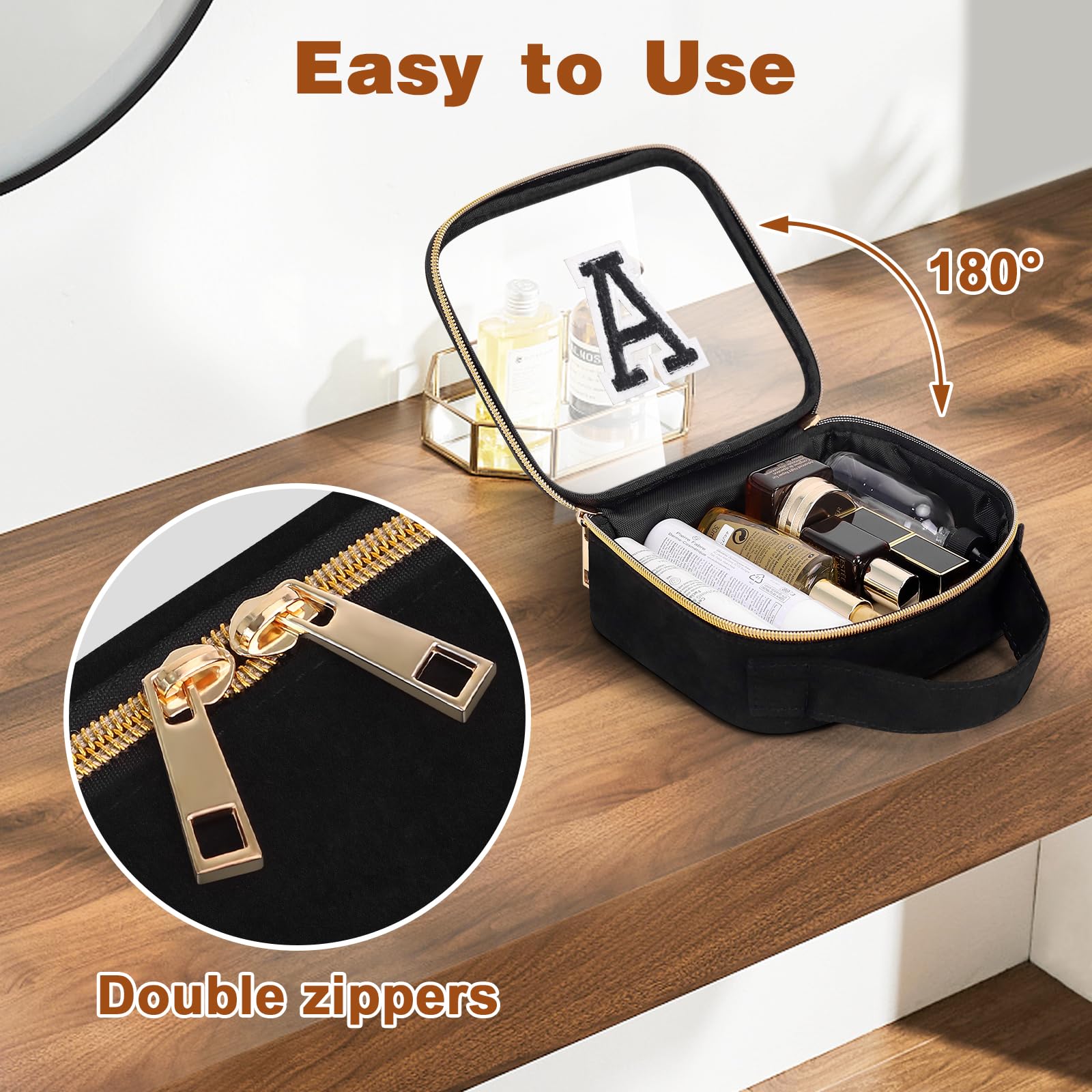 TSA Approved Clear Toiletry Bag for Travel - PVC Transparent Makeup Cosmetic Bag with Handles & Chenille Letter Design, Large Opening Carry-On Airport Organizer (Letter A) - Perfect for Air Travel, Vacation Essentials & Daily Beauty Storage