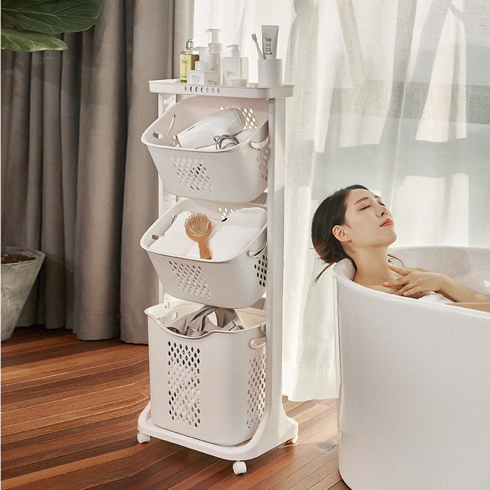 3-Tier Bamboo Laundry Basket with Wheels & Removable Storage Bins - Freestanding Clothes Hamper Organizer for Bedroom, Bathroom & Laundry Room - Easy Sorting & Storage Solution for Washing Clothes