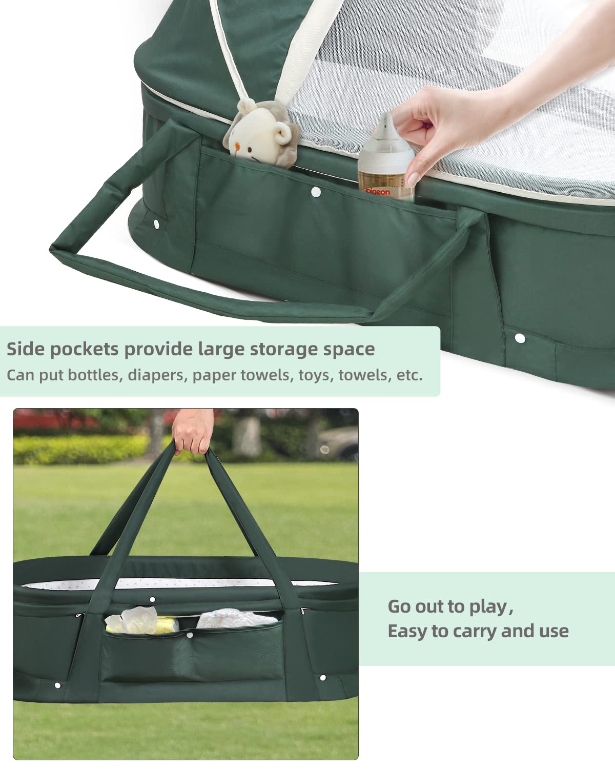 Portable Baby Bassinet for Travel - 2-in-1 Canopy Mini Crib & Co-Sleeper Bed for Newborns & Infants | Lightweight, Foldable & Safe | Perfect for Home, Nursery, Camping & Airplane Travel (Green)