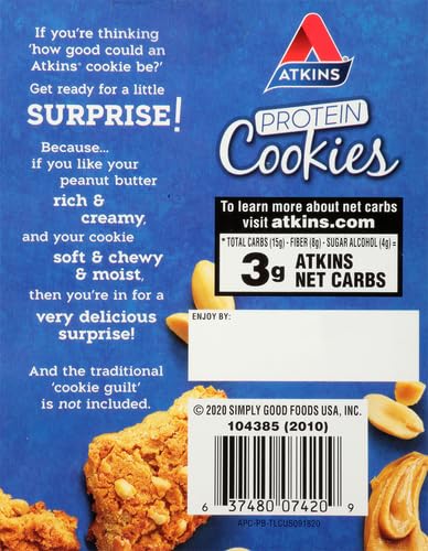 Atkins Peanut Butter Protein Cookies - Low Carb Keto Friendly Snack, High Protein Dessert with 3g Net Carbs & 1g Sugar, Gluten Free Fiber Rich Treat (4 Pack) - Perfect for On-the-Go Energy, Post-Workout Recovery & Healthy Weight Management