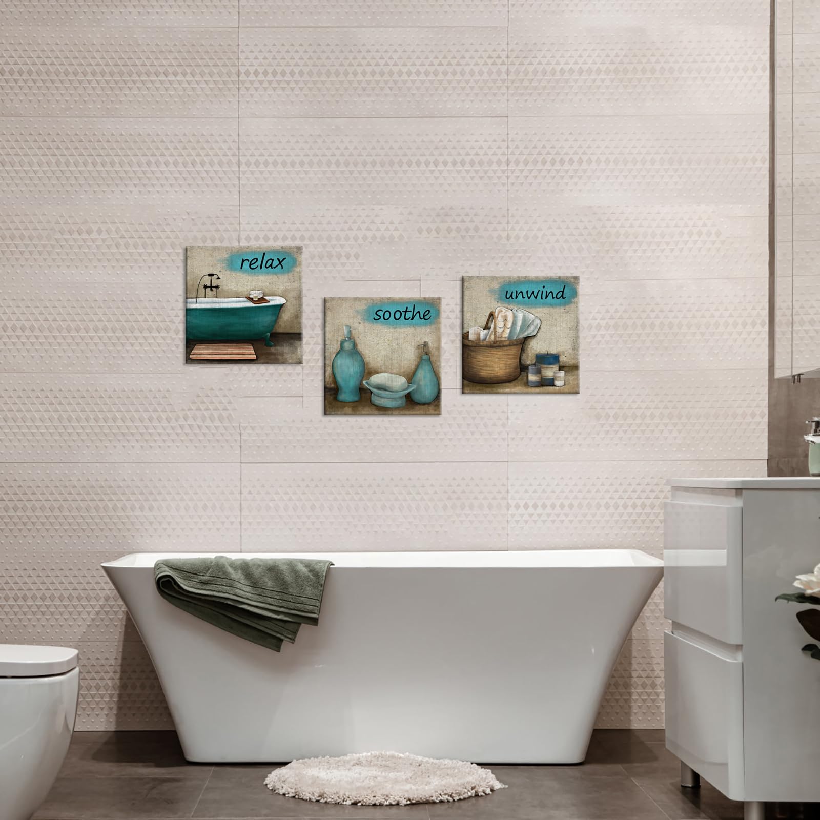 iHAPPYWALL 3-Piece Bathroom Wall Art Set - Teal Bathtub Canvas Prints, Framed & Ready to Hang | Spa Decor for Relaxation, Bath Towel Storage & Modern Bathroom Decor