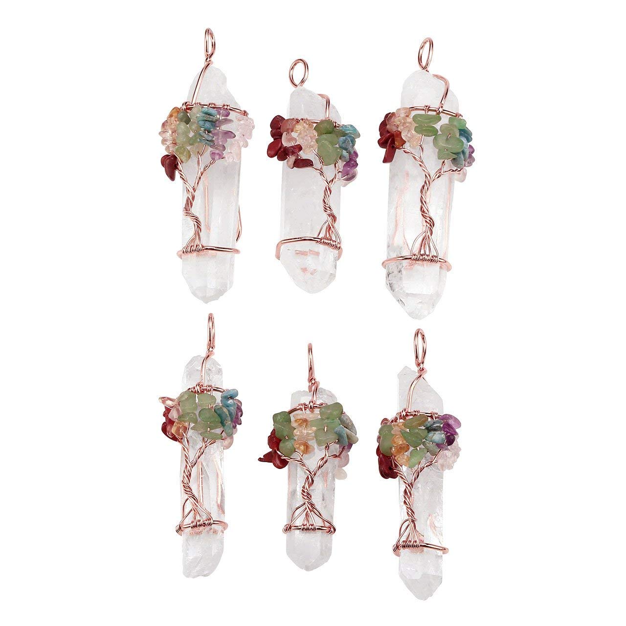 Jovivi 2-Piece Chakra Healing Crystal Necklace Set - Natural Clear Quartz Wire Wrapped Necklace & Rose Gold Flower Rose Quartz Pointed Crystal Pendant | Spiritual Healing, Meditation, Yoga, Energy Balancing Jewelry Gift