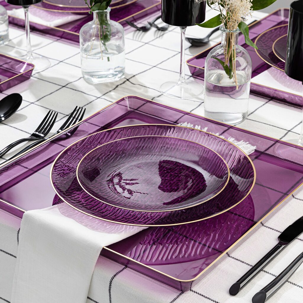 24 Pack Purple and Gold Rim Round Plastic Dinnerware Set - 12-Piece Service for 12 Guests - Shatterproof Disposable Plates for Parties, Weddings & Events - Elegant Icicle Design Tableware