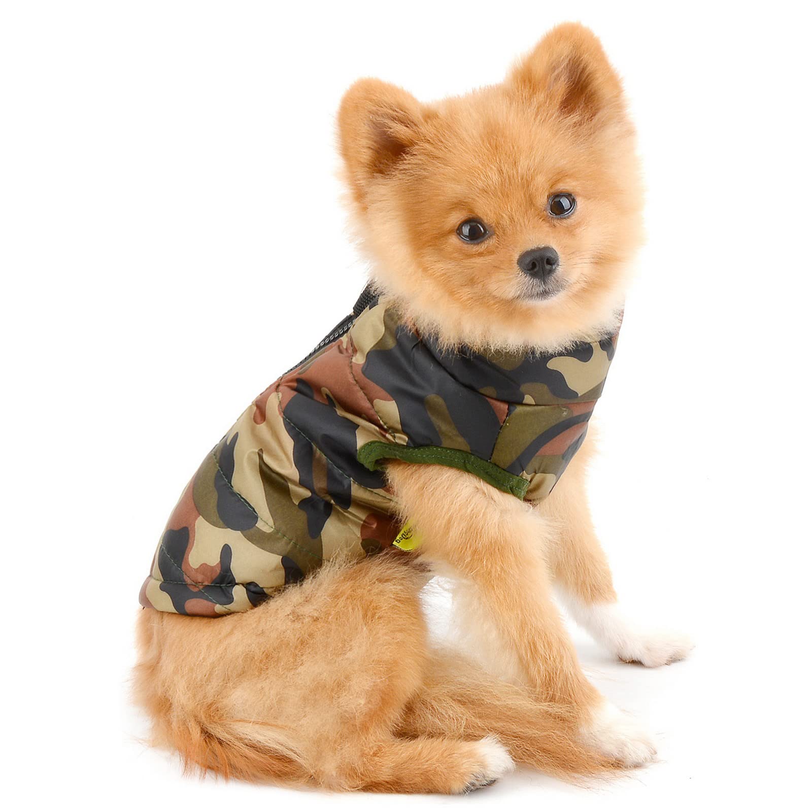 Waterproof Windproof Camouflage Dog Winter Puffer Coat with Leash D-Ring - Warm Puppy Jacket Harness & Soft Padded Vest for Small Dogs & Large Cats - Army Green Pet Snowsuit for Cold Weather Outdoor Adventures