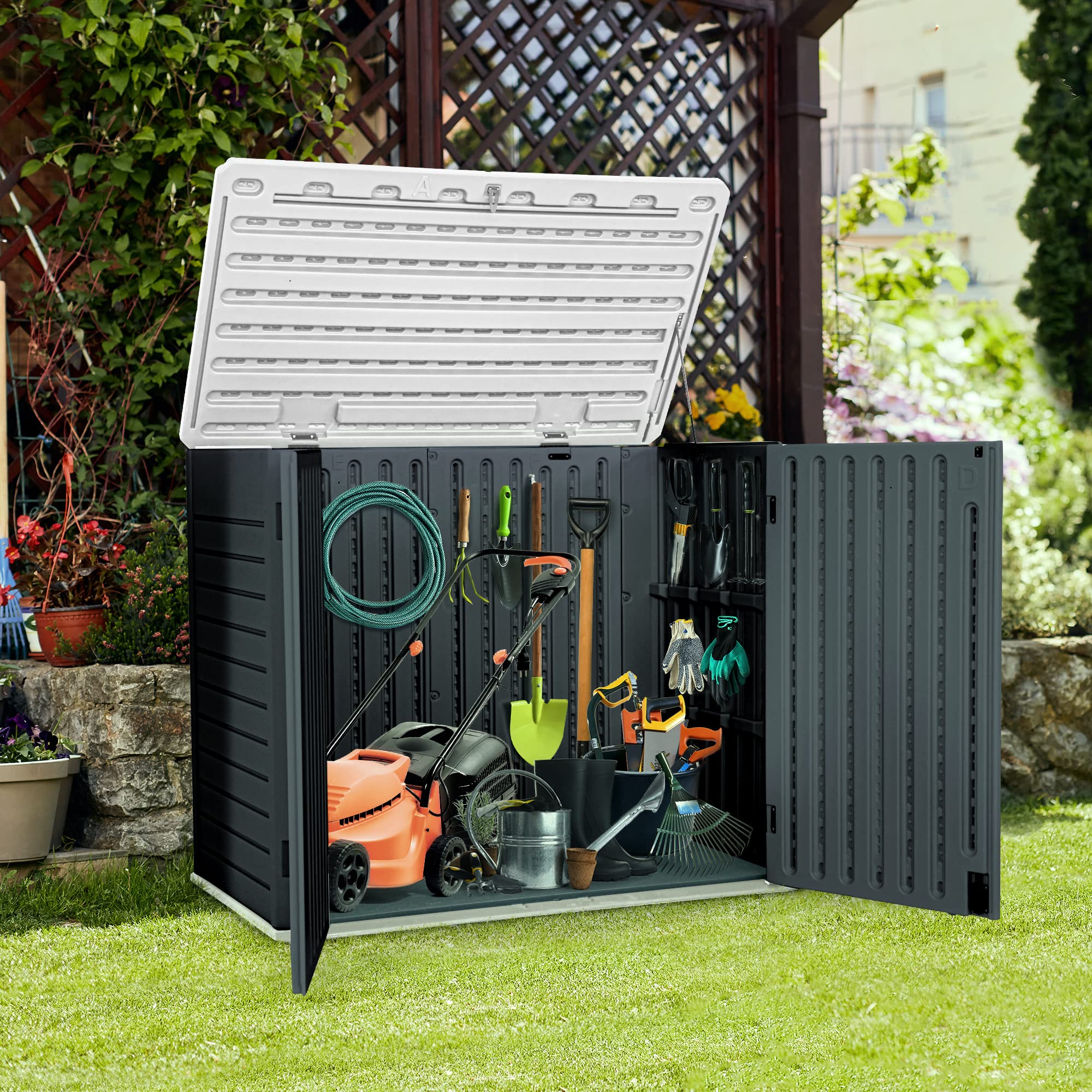 YITAHOME 35 cu ft Outdoor Horizontal Storage Shed - Weatherproof Resin Tool Shed with Multi-Opening Doors for Bike, Trash Cans & Garden Tools - Lockable Dark Gray Storage Solution for Patio, Backyard & Garage Organization