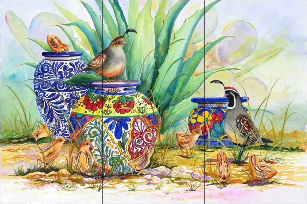 Susan Libby Ceramic Tile Mural Backsplash - Quail and Pots Design - 18