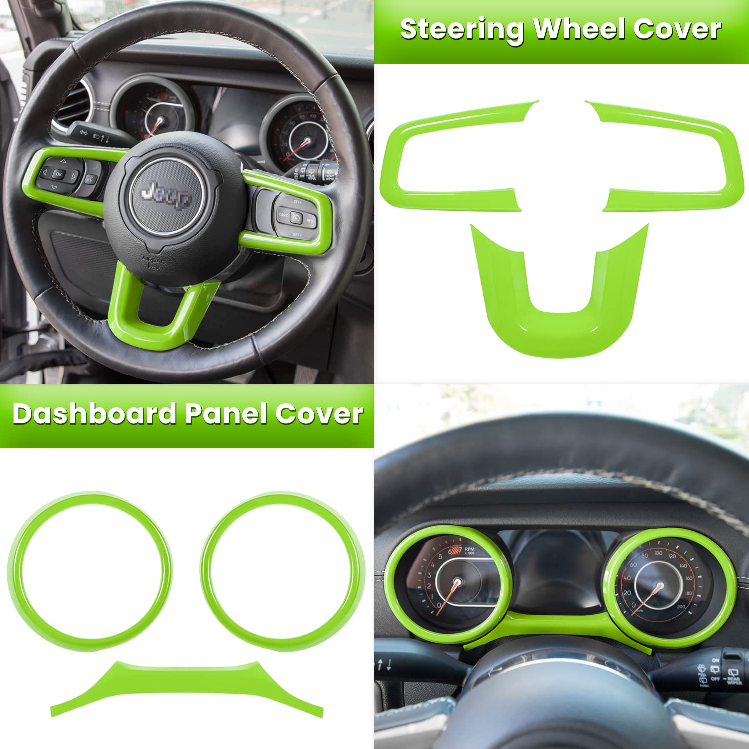 23PCS Full Interior Trim Kit for Jeep Wrangler JL JLU & Gladiator JT (2018-2023) - Steering Wheel, Door Handles, AC Vents, Cup Holders, Reading Light & Gear Cover in Green | Premium Car Accessories for Enhanced Style & Protection