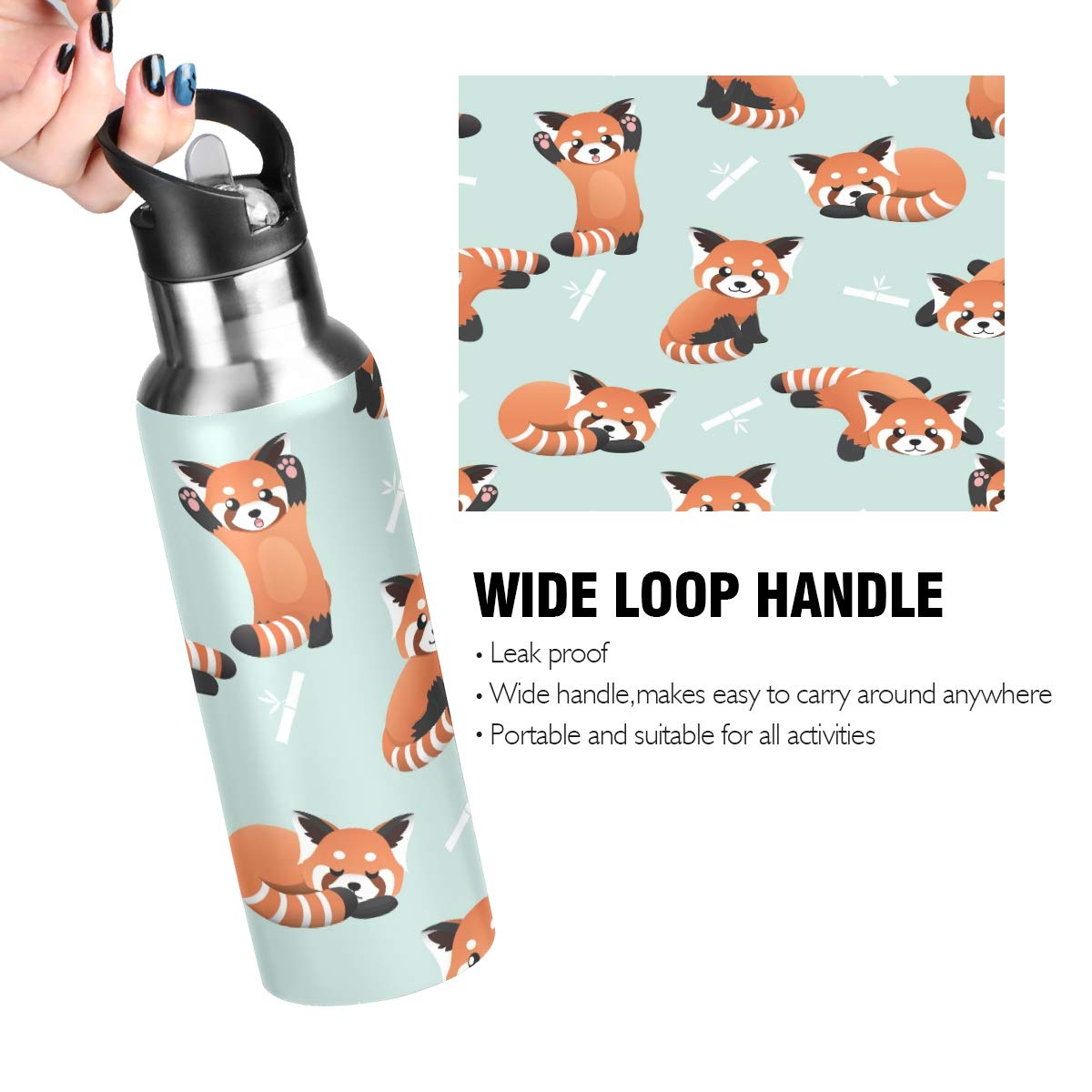 Blueangle Cute Red Panda Insulated Stainless Steel Water Bottle with Straw - BPA Free, Leak Proof, 24hr Temperature Retention - Perfect for Gym, Hiking, Camping & Outdoor Activities