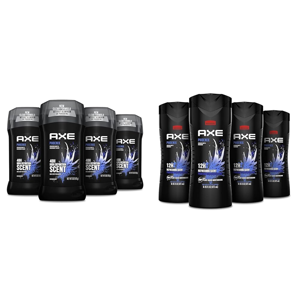 AXE Phoenix Crushed Mint & Rosemary Aluminum-Free Deodorant for Men (3oz, 4-Pack) & Body Wash with Plant-Based Moisturizers (16oz, 4-Pack) - Fresh Scent for Daily Use, Gym, Work & Outdoor Activities