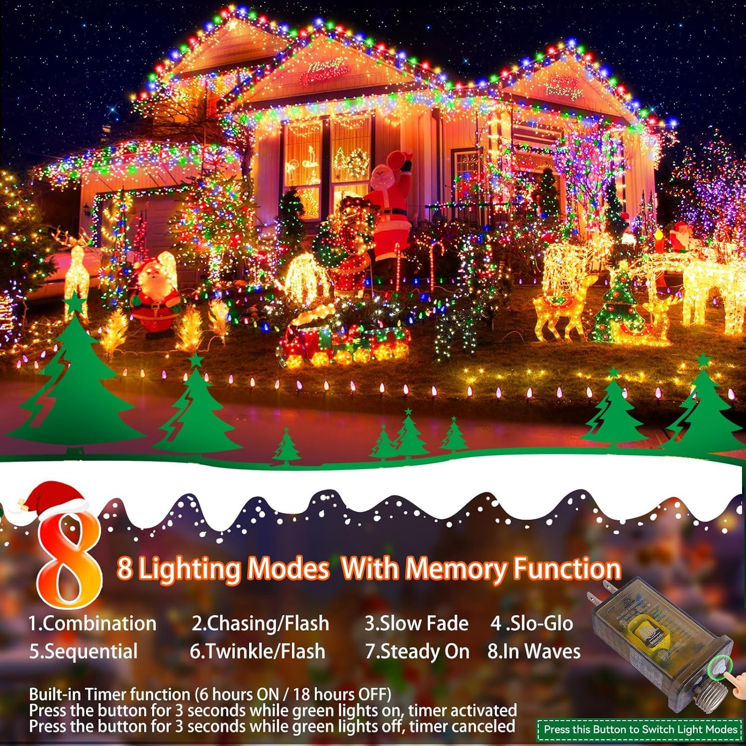 XURISEN 200FT Christmas Lights Outdoor Indoor, 500 LED Super Long String Lights with 8 Modes & Memory Timer - Plug in Twinkle Fairy Lights for Home, Xmas Party, Wedding, Garden, Patio, Tree Decorations
