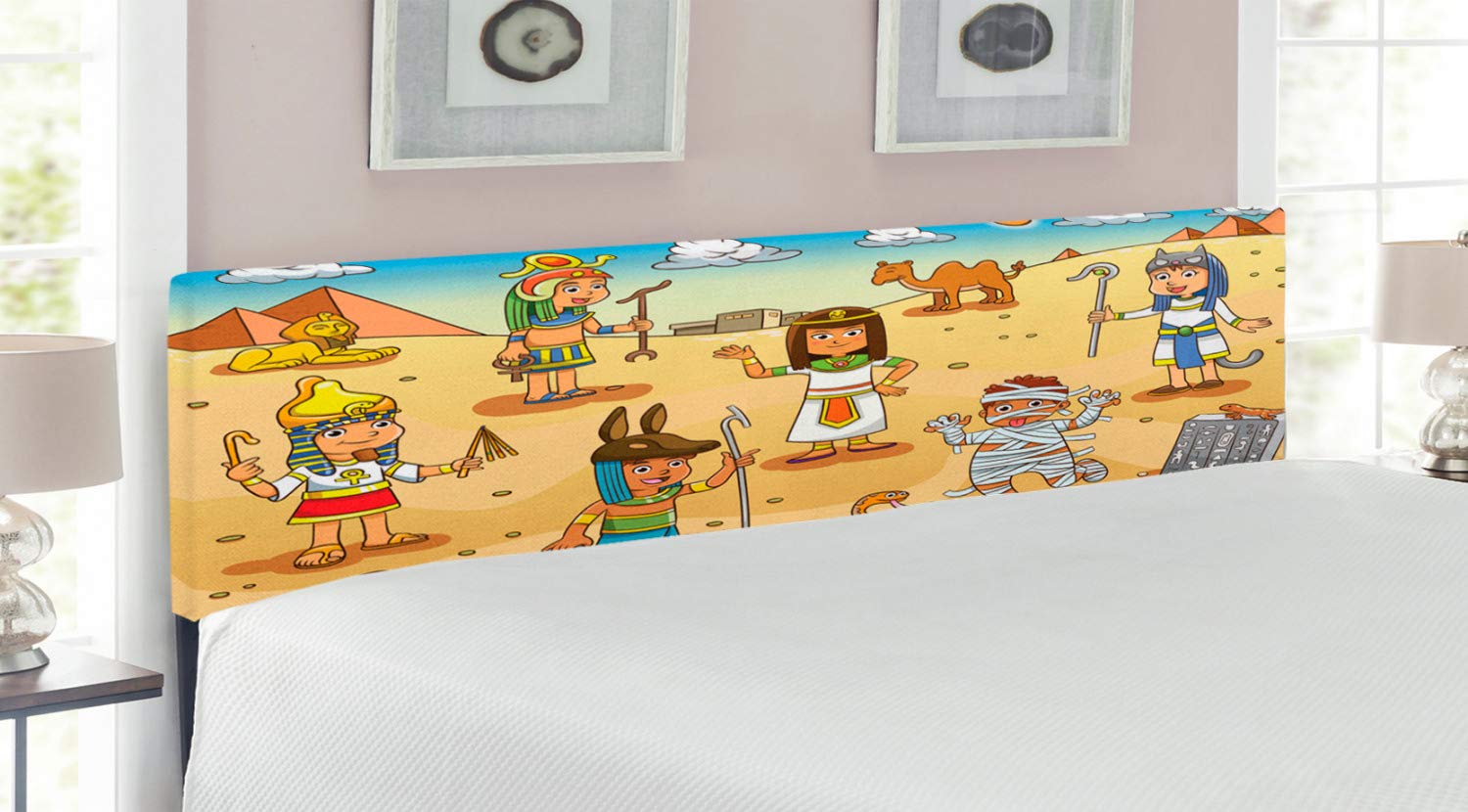 Ambesonne Egyptian Cartoon Headboard - King Size Upholstered Metal Bed Headboard with Memory Foam, Cleopatra & Pyramid Design, Multicolor | Perfect for Kids' Bedroom, Themed Guest Room & Historical Decor
