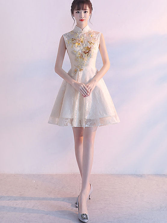 Elegant Embroidered A-Line Bridesmaid Qipao Cheongsam Dress - Perfect for Weddings, Parties & Chinese New Year Celebrations