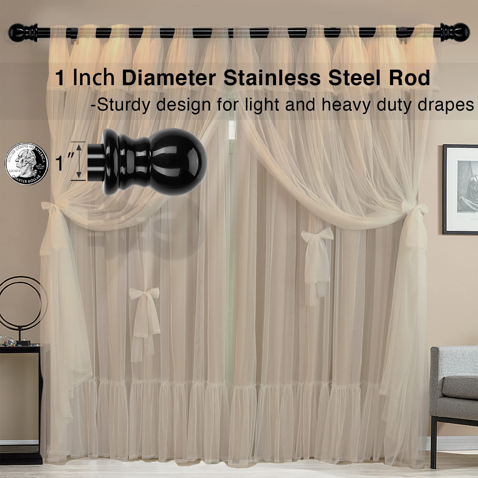 1 Inch Black Long Curtain Rods for Windows 26-144 Inches - Heavy Duty Small Decorative Window Curtain Rod Set with Brackets & Hardware for Drapes, Bedroom, Sliding Glass Door - Perfect for Living Room, Nursery & Home Decor