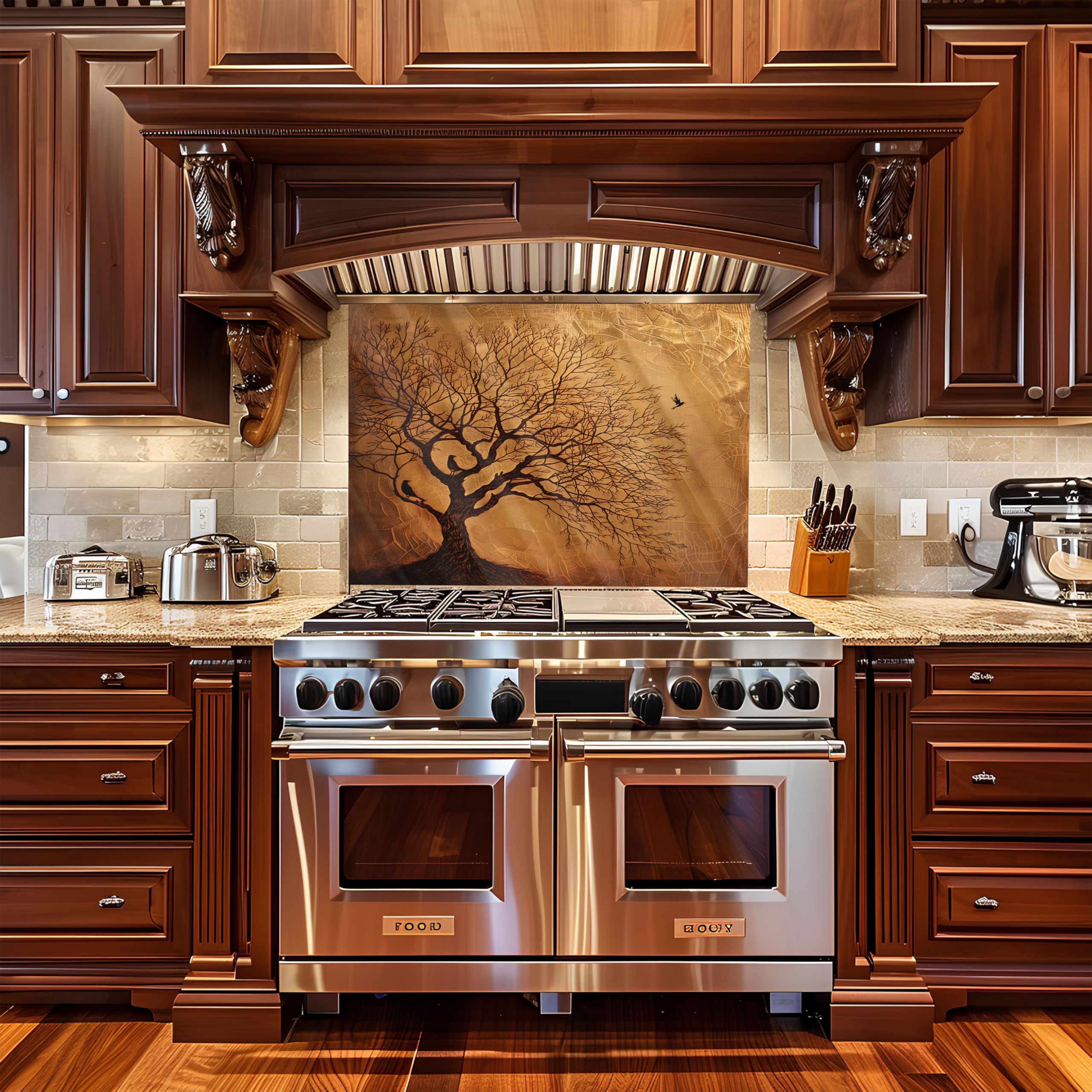 Tree of Life Tempered Glass Kitchen Backsplash - Heat Resistant, Easy to Clean Stove Backsplash, Stick-On Tiles for Modern Kitchen Walls, Perfect for Cooking and Baking Spaces