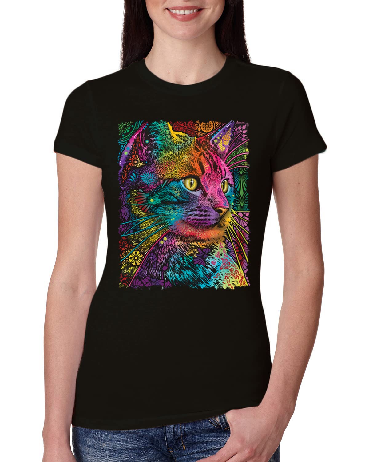 Dean Russo Cat Lover Women's Slim Fit Junior T-Shirt - Colorful Cat Portrait Graphic Tee for Cat Owners | Perfect Gift for Pet Lovers, Casual Wear & Cat-Themed Events