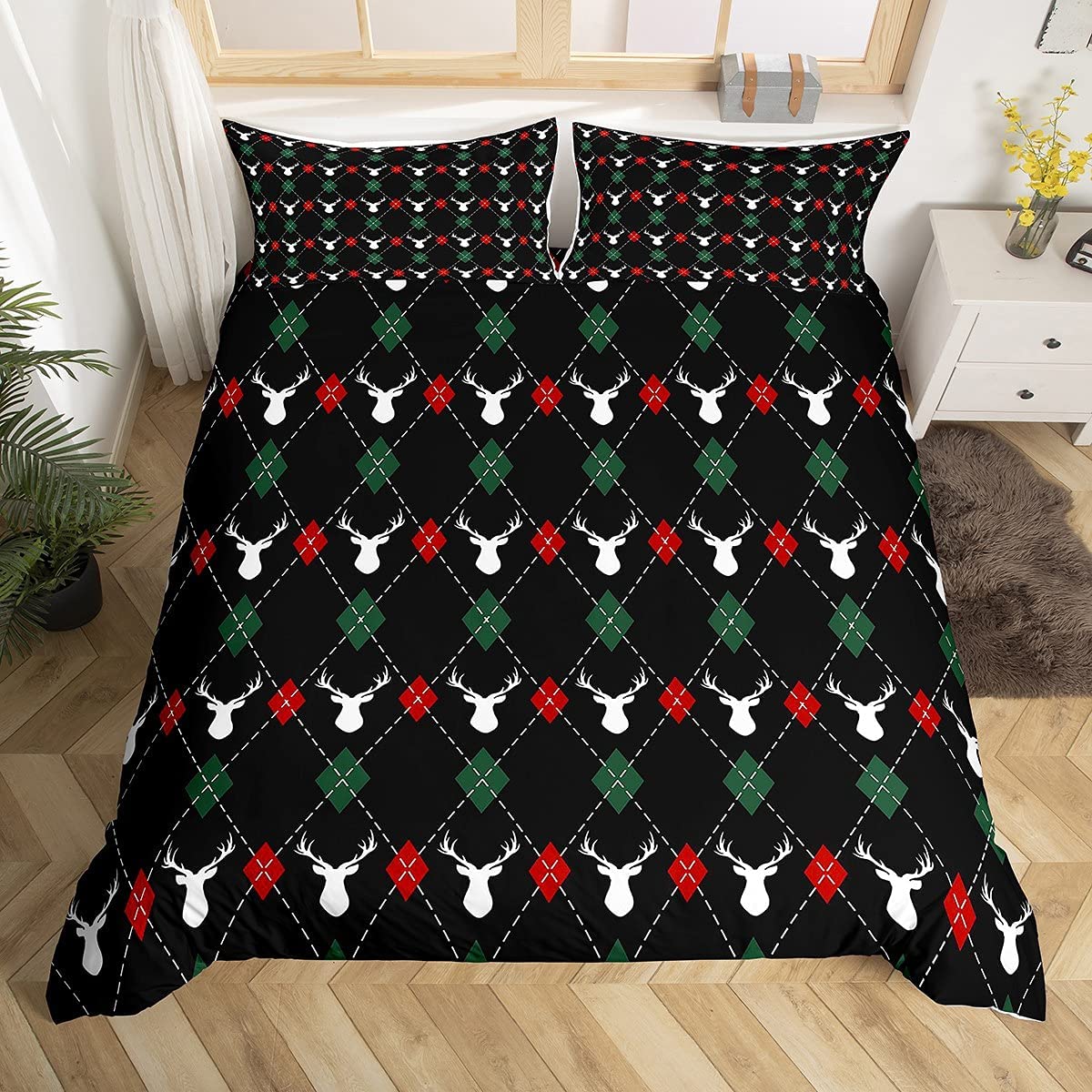 Castle Fairy Christmas Elk Bedding Set Queen Size - Deer Antlers Print Duvet Cover with 2 Pillowcases, Red & Green Geometric Holiday Microfiber Comforter for Kids Gift | Cozy Winter Bedroom Decor for Christmas
