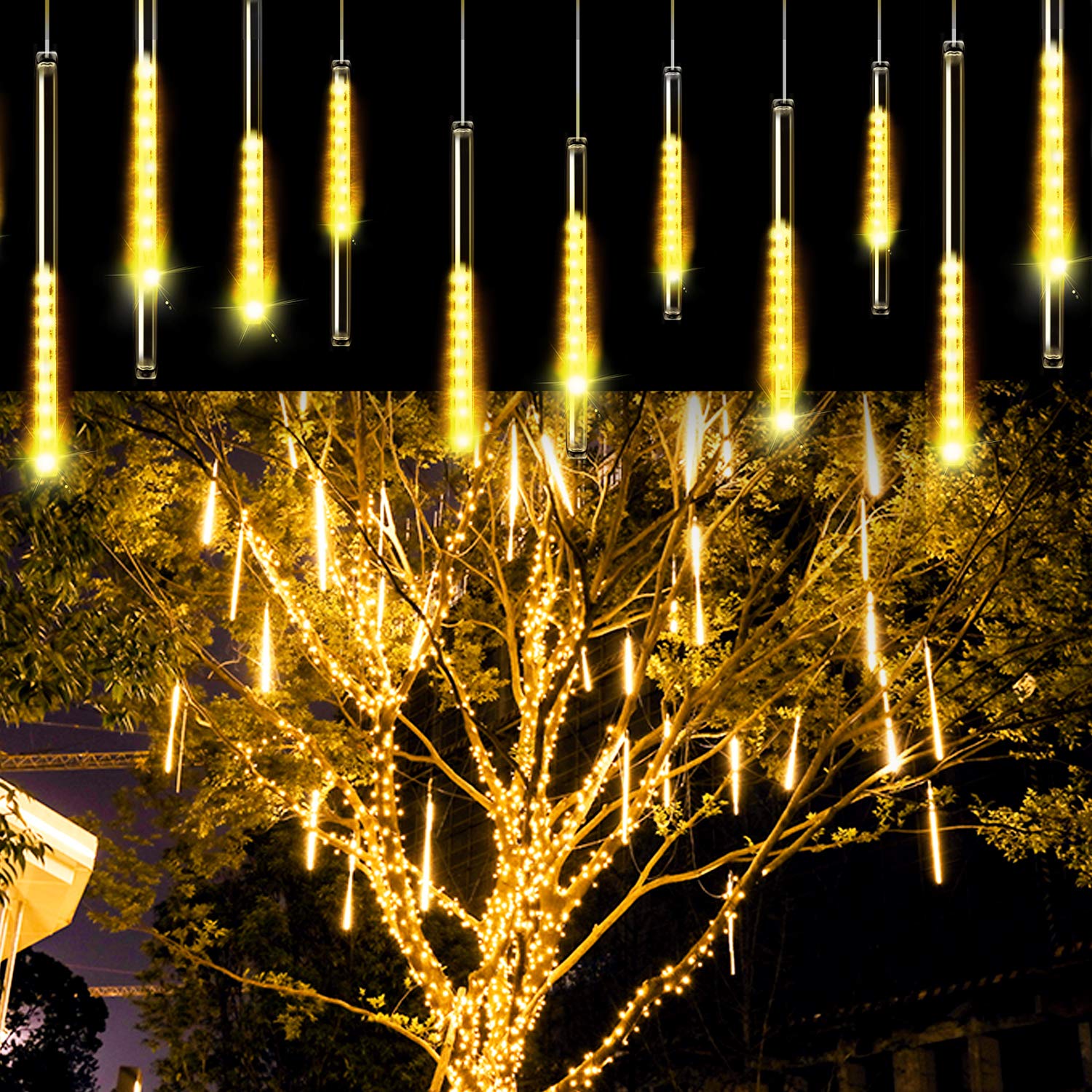 Aluan 20 Inch Meteor Shower Rain Lights - 12 Tube 576 LED Waterproof Plug-in Fairy String Lights for Halloween, Christmas, Party, Home, Patio & Outdoor Decor (Warm White) | Perfect for Garden, Wedding, Backyard, and Holiday Lighting Displays