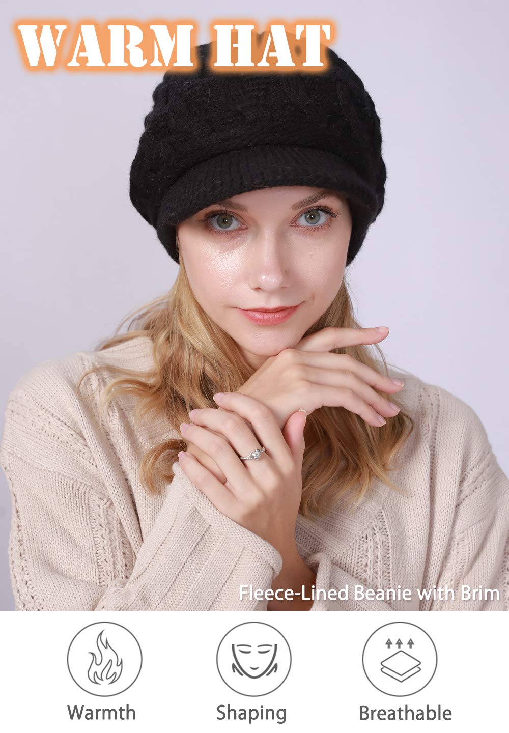 Women's Fleece Lined Knitted Beanie Hat with Brim - Warm Newsboy Cloche Style Winter Cap for Outdoor Activities & Fashion