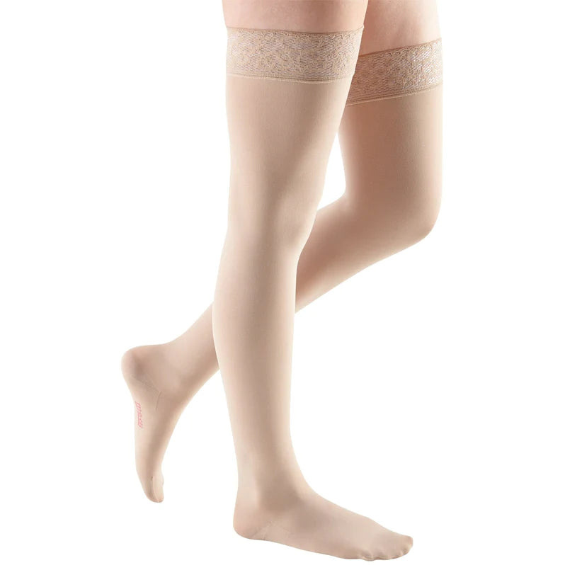 Medi Comfort 15-20mmHg Closed Toe Thigh High Compression Stockings with Lace & Silicone Top Band - Perfect for Varicose Veins, Edema & Post-Surgery Recovery