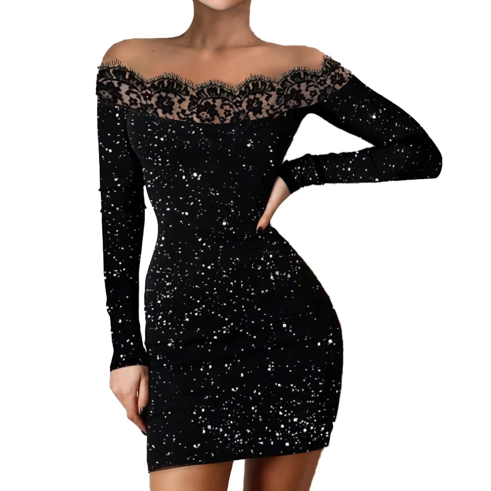 Sexy Black Bodycon Mini Dress for Women - Off Shoulder Lace Neck Long Sleeve Shiny Club Dress | Perfect for Party, Night Out, Date Night & Special Occasions