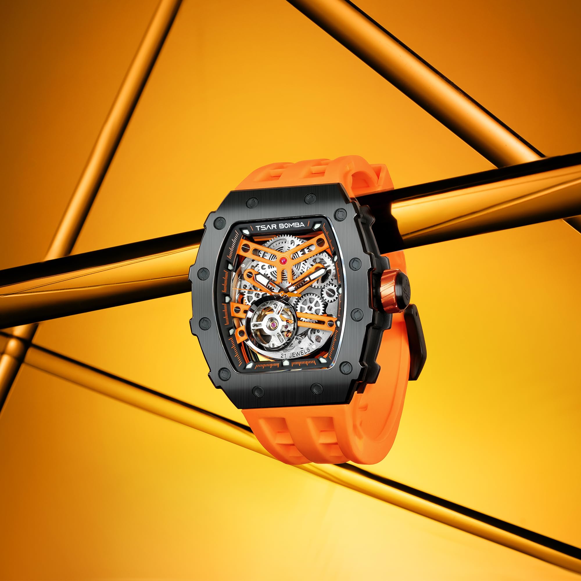 Premium Automatic Men's Watch - Square Skeleton Tonneau Design with Japanese Movement, 50M Waterproof, Sapphire Crystal Glass - Silicone/FKM Rubber Strap - Luxury Gift for Him (Perfect for Business, Formal Events & Everyday Wear)
