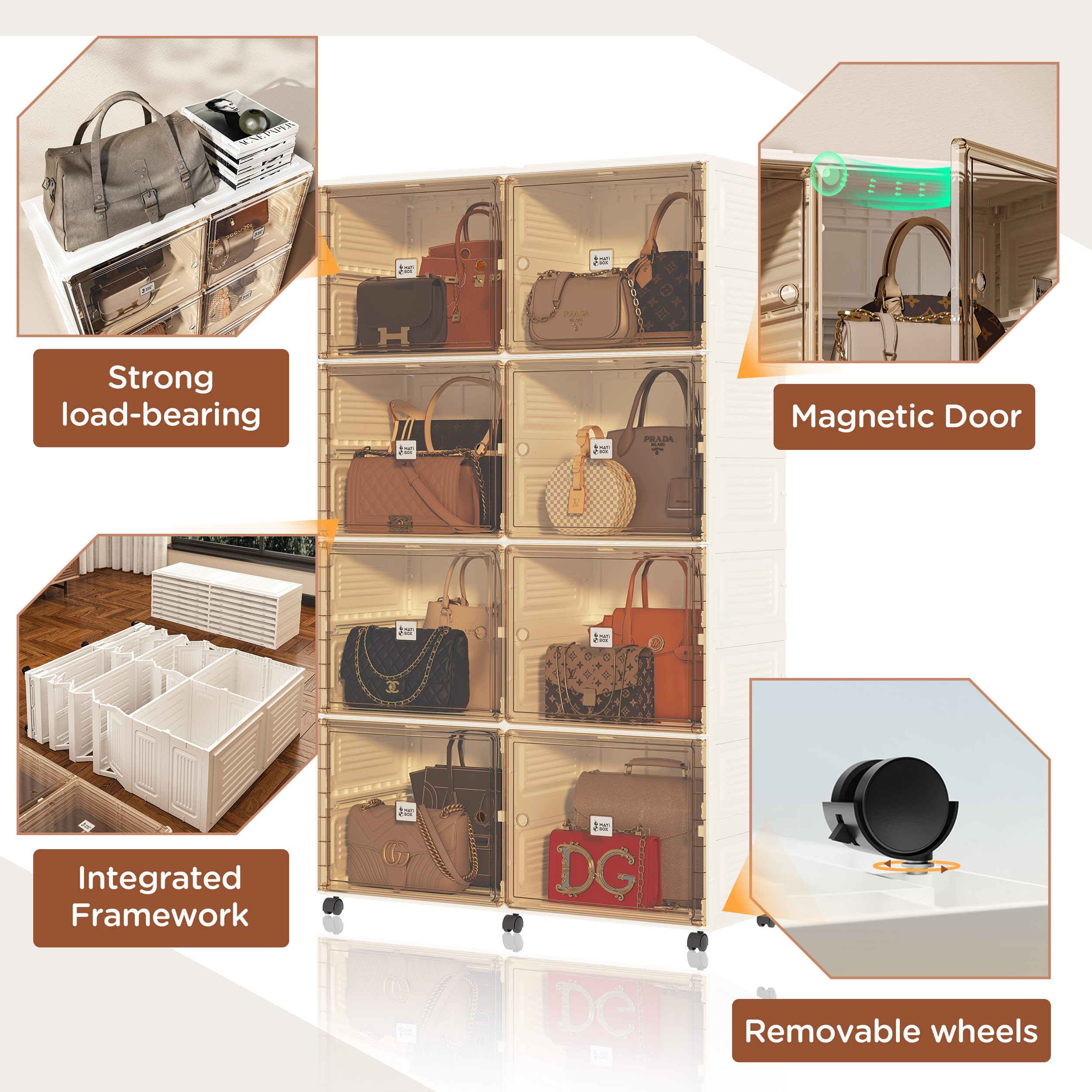 Mayi Box 8-Cubby Handbag & Shoe Storage Organizer with Magnetic Doors & Wheels - Perfect for Closet, Bedroom & Entryway Organization (Black)