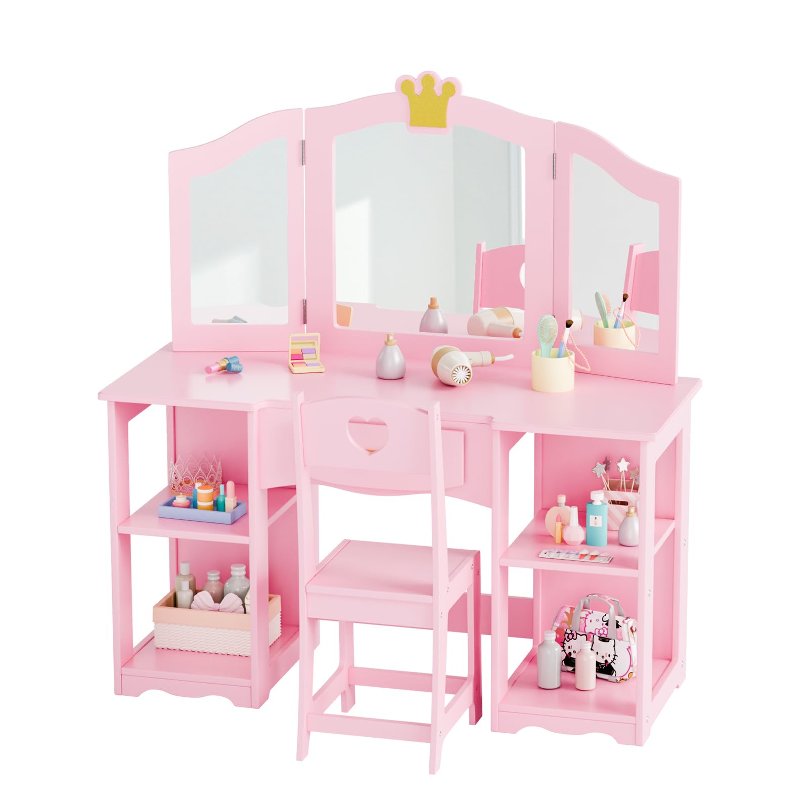 JOYMOR Kids Vanity Table and Chair Set - 2-in-1 Princess Vanity with Tri-Folding Mirror & Storage, Pink Birthday & Holiday Gift for Girls | Perfect for Bedroom Decor & Pretend Play