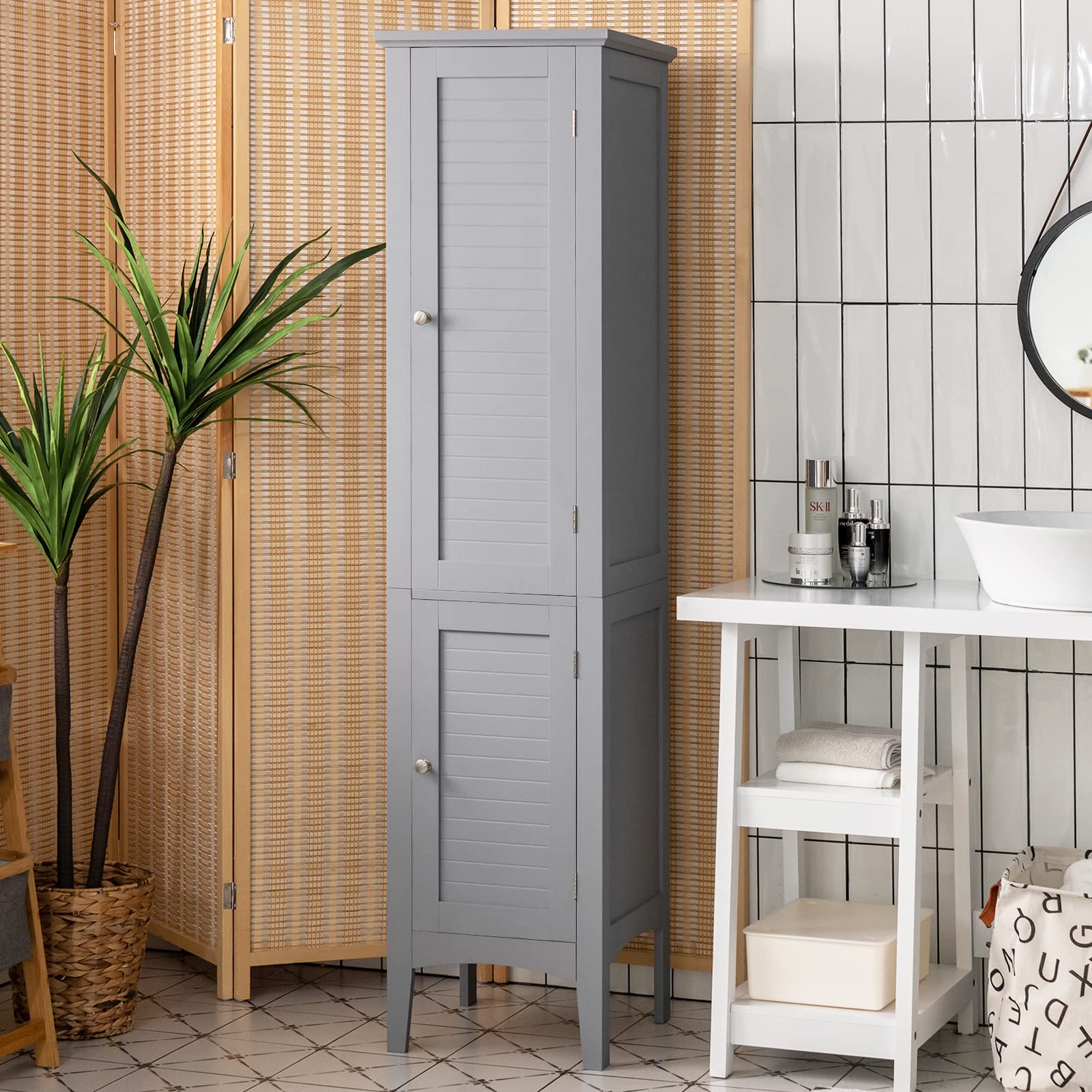 Giantex 5-Tier Storage Cabinet - Freestanding Tall Bathroom Organizer with Shelves for Bathroom, Kitchen, Living Room & Linen Closet - Space Saving Narrow Floor Cabinet (Gray) | Perfect for Small Spaces, Apartment Storage & Home Organization