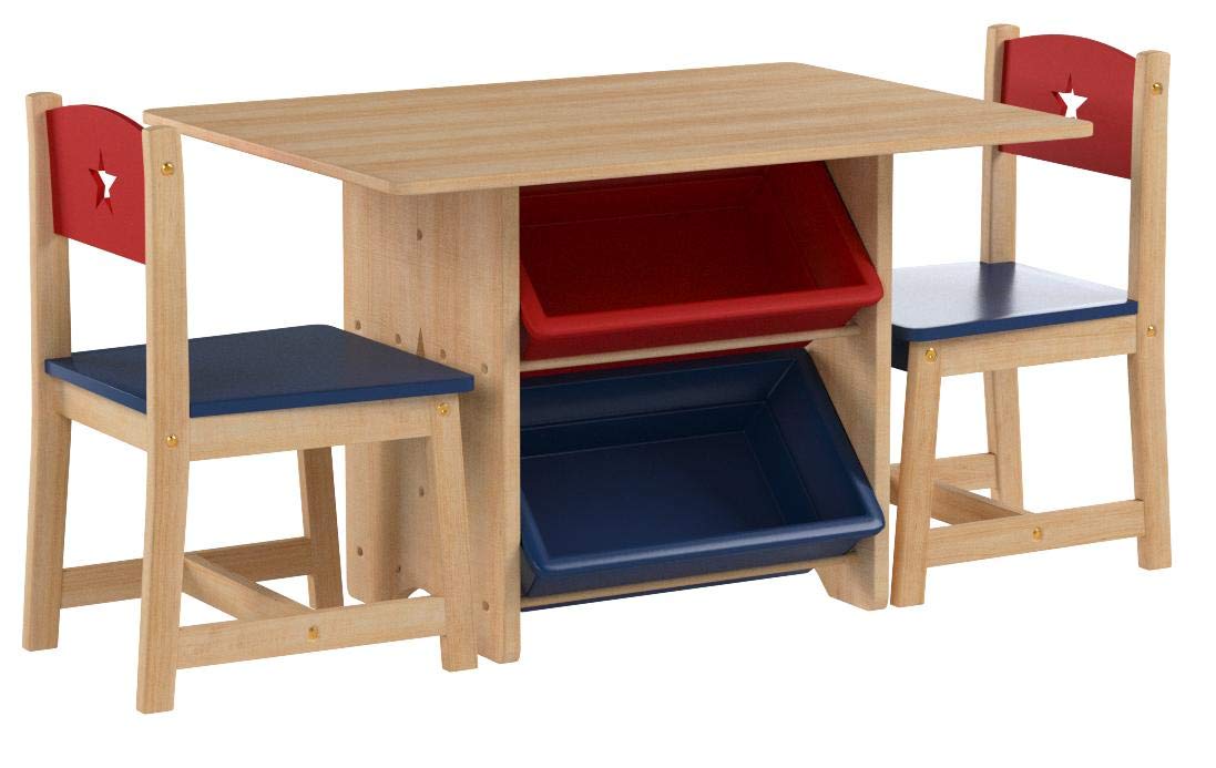 KidKraft Wooden Star Table & Chair Set with 4 Storage Bins - Kids Study Desk & Play Table for Toddlers, Red, Blue & Natural - Perfect for Preschool Learning, Arts & Crafts, and Playroom Activities