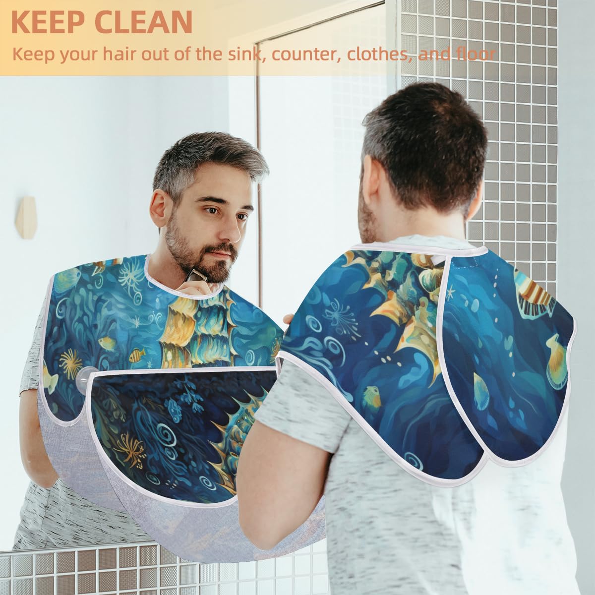 Waterproof Seahorse Beard Shaving Bib for Men - Artist Apron for Hair Dye & Makeup - Hair Cutting Cape for Barbers - Sink Hair Catcher for Beard Trimming & Lineup (Perfect for Salon, Home Grooming & Barber Gifts)