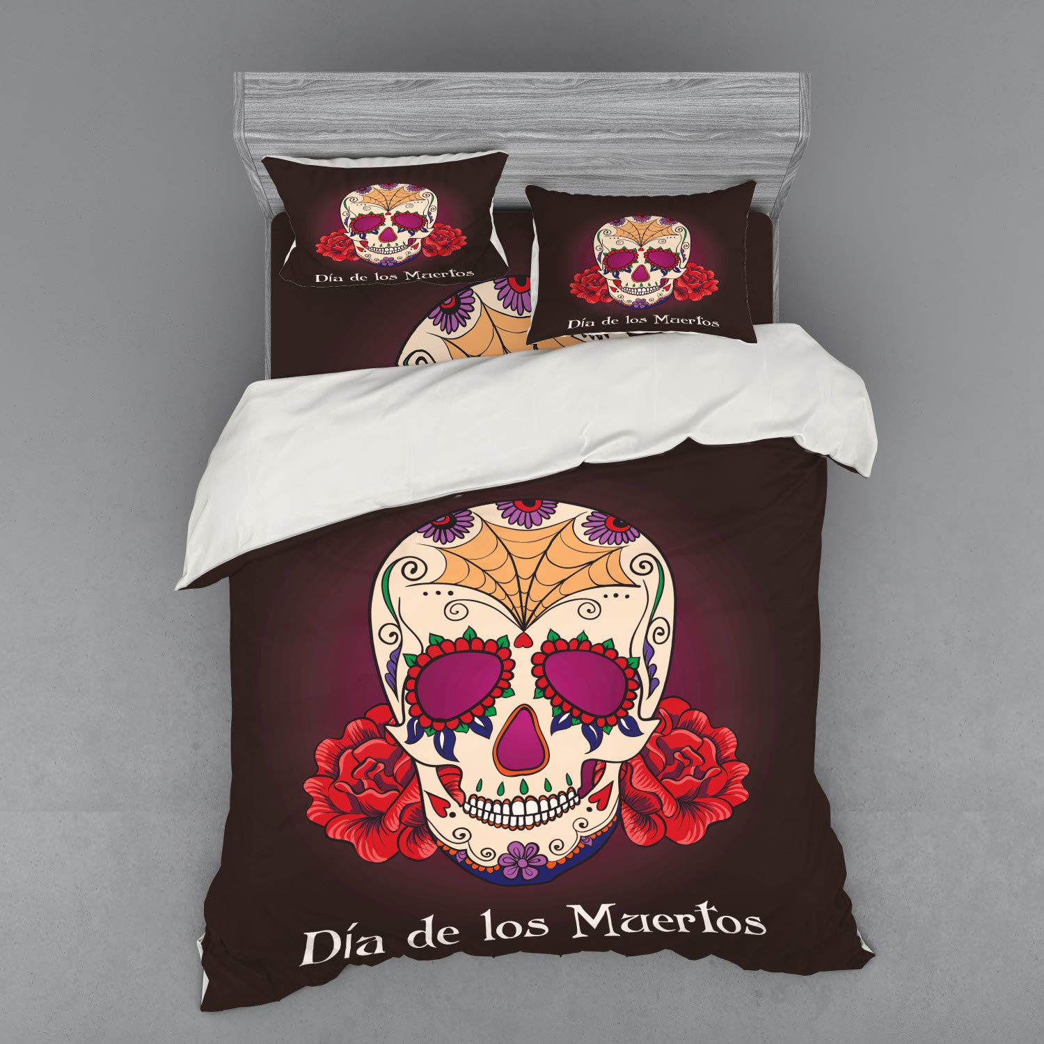 Ambesonne Day of The Dead Duvet Cover Set - 4 Piece Queen Size Bedding with Shams & Fitted Sheet | Vibrant Dia de Los Muertos Spanish Skull & Skeleton Print in Plum Red Cream | Perfect for Halloween Decor, Mexican Culture Themed Bedrooms & Unique Gift Ideas