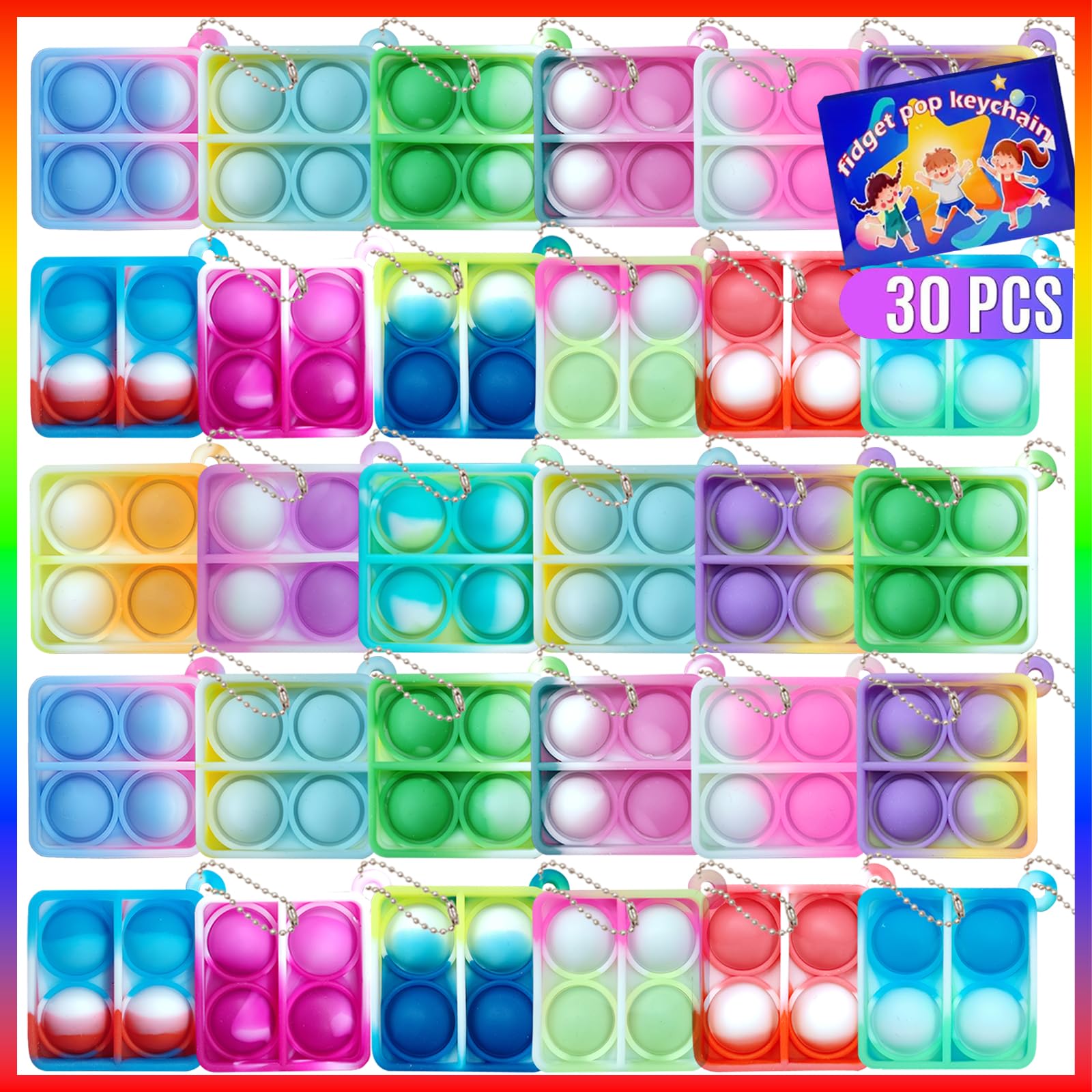 ONKULL® 30 Pcs Pop Keychain Fidget Toys - Stress Reliever Sensory Toys for Kids & Adults, Bubble Push Party Favors, Anxiety Relief Keychain - Perfect for Classroom, Office, Travel and Gift Giving